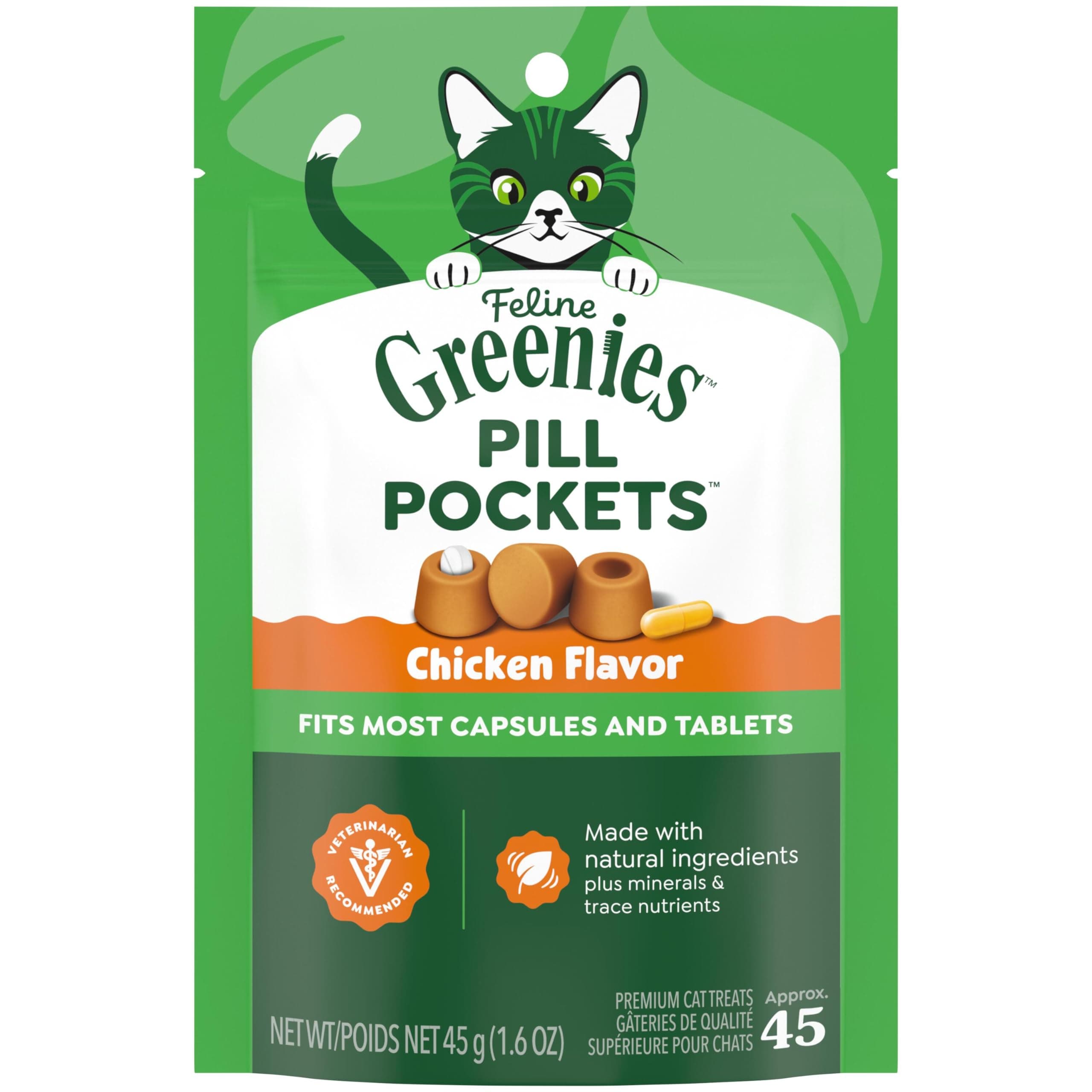 Greenies FELINE PILL POCKETS Treats for Cats Chicken Flavor - 1.6 oz. 45 Treats