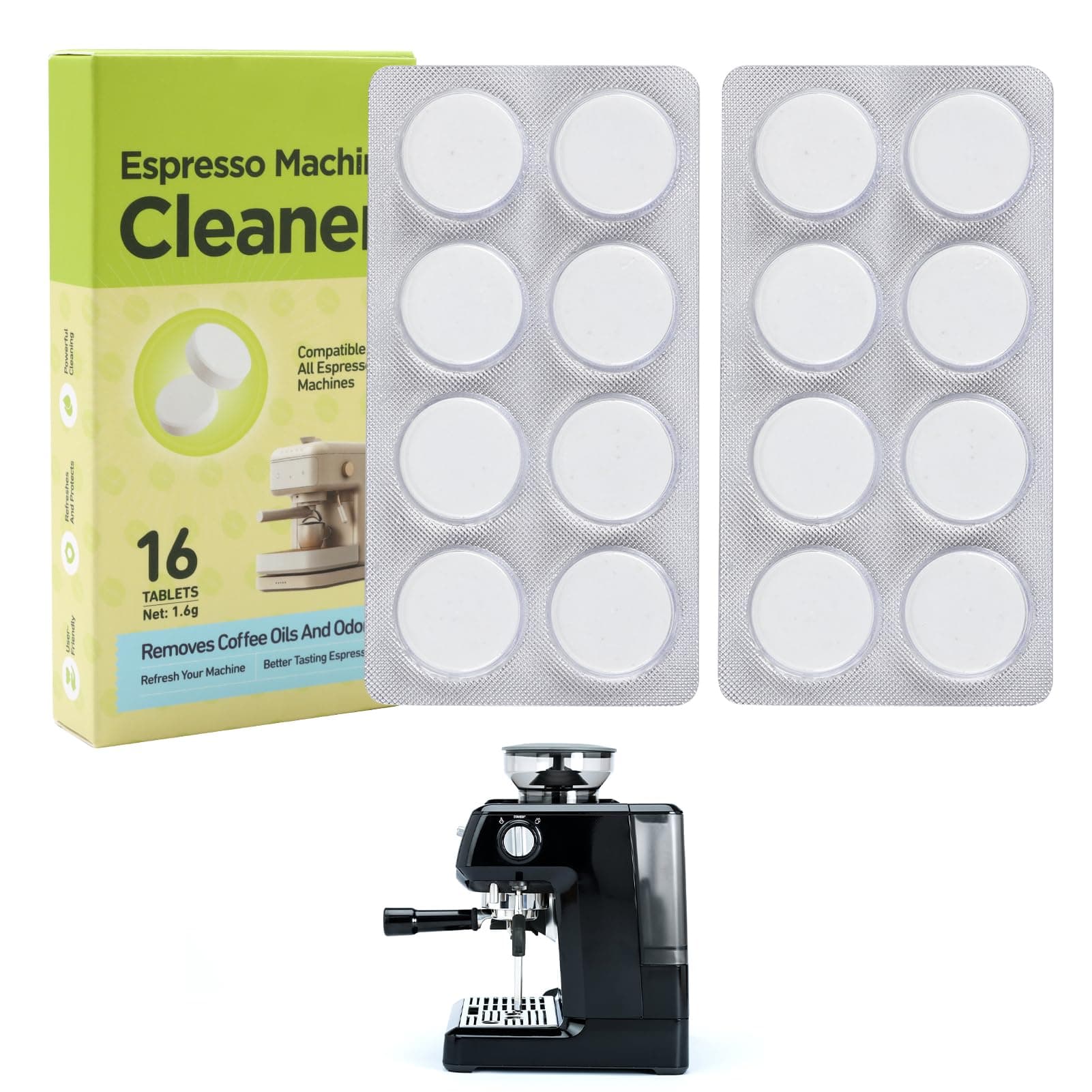 Espresso Machine Cleaning Tablets Removing Mineral Accumulation for Sage Breville ect All Brands Coffee Makers & Capsule Machine 16 Counts x 1.6g Descaling Limescale Remover for Removes Tough Stains