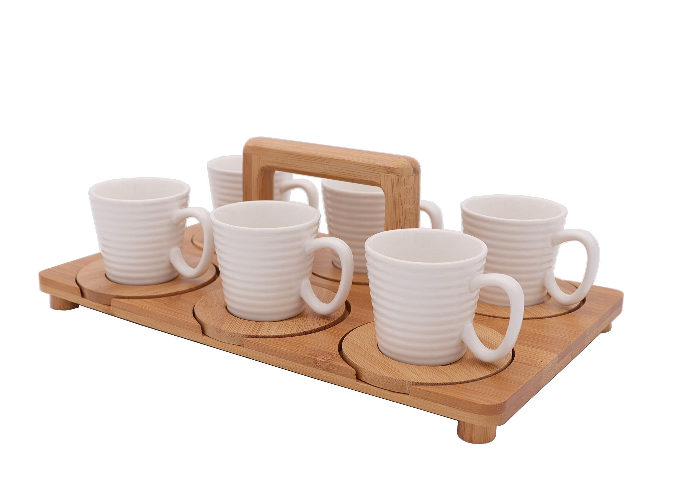 white porcelain espresso cups with bamboo saucers and wood tray, 3 ounce for coffee drinks, tea, cafe, mocha and latte, set of 6, stand for home and office