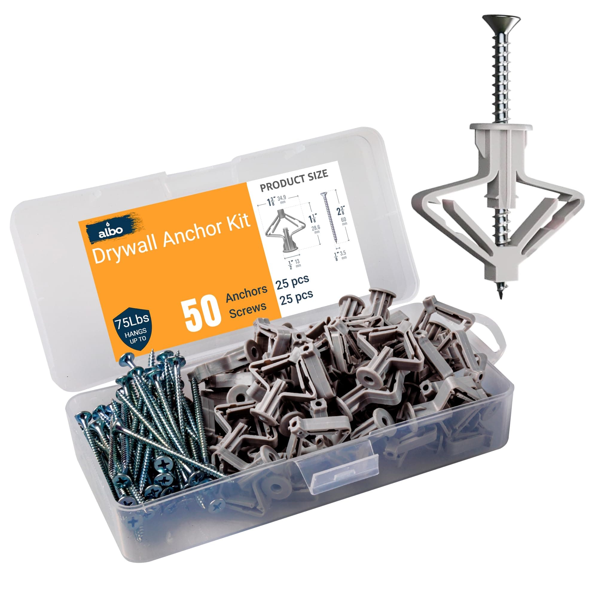 ALBO Drywall Anchor Kit Hollow Wall with Screws 50 pcs. (Grey Anchor 25pcs + Screws 25pcs) Plastic Hollow Wall Drilling Anchors