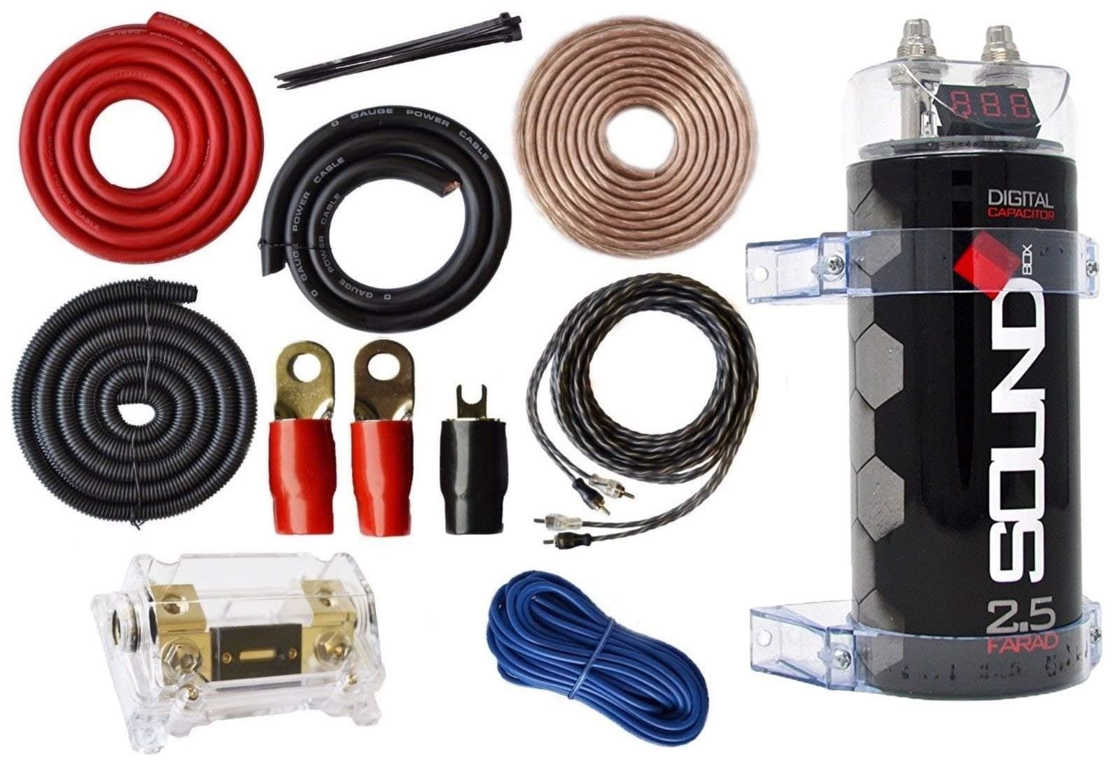SoundBox 0 Gauge Amp Kit Amplifier Install Wiring & 2.5 Farad Digital Capacitor- 2500 Watts Peak Power Rating, Amp Kit- 5500 Watt Peak Power Rating