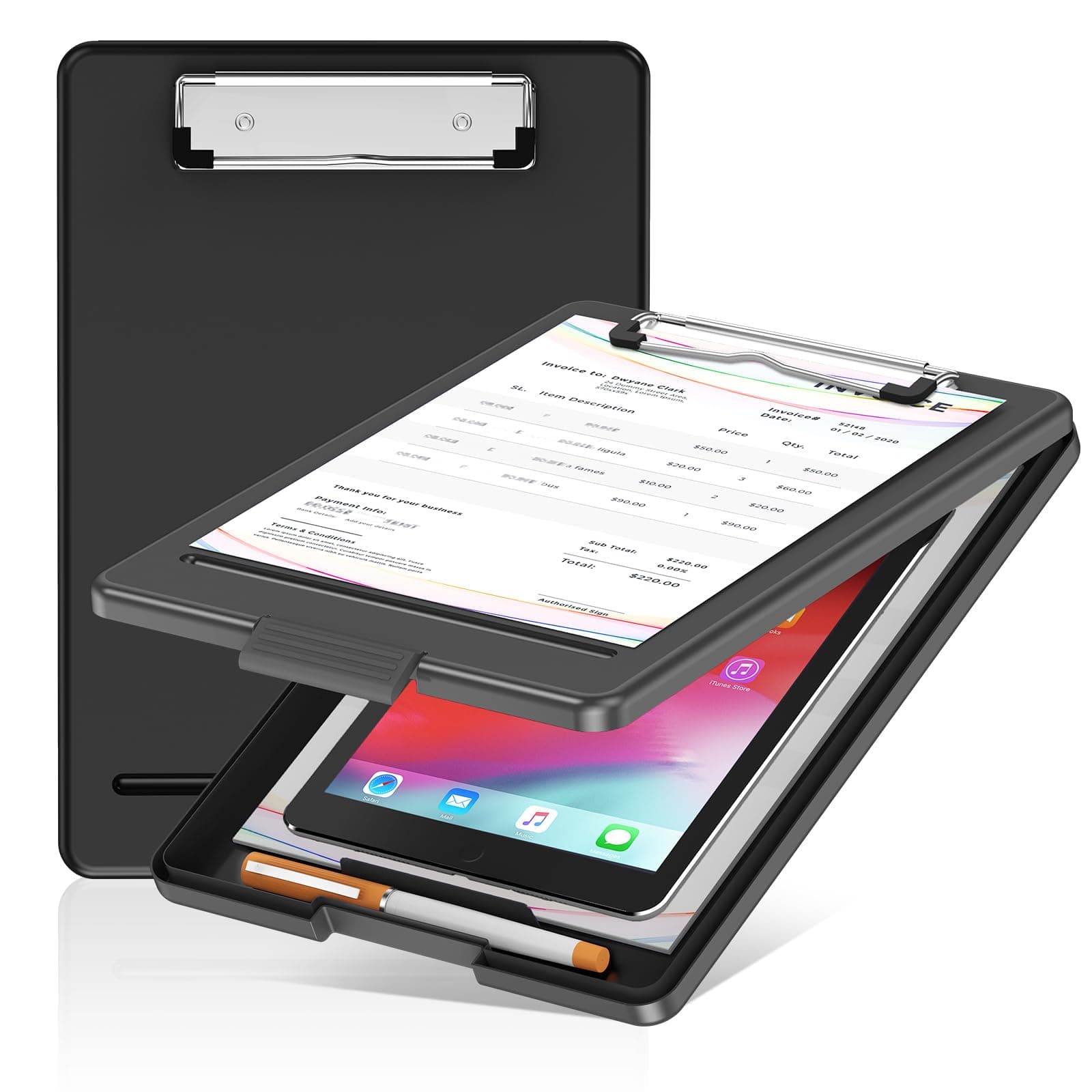 Clipboard with Storage, Plastic Storage Nursing Slim Clipboard with Low Profile Clip, Foldable Letter Size for Nurse, Kid, Salary, Coach, Jobsite, Industrial, Office(9" x 13"x 0.8", Black)