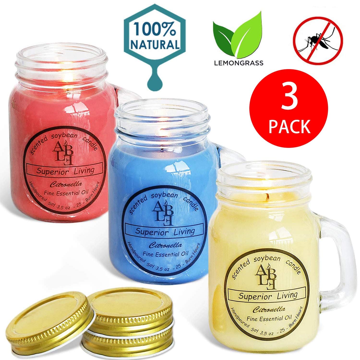 YIIA Citronella Candle (Set of 3) Indoor/Outdoor - 25 Hour Burn - Mason Jar
