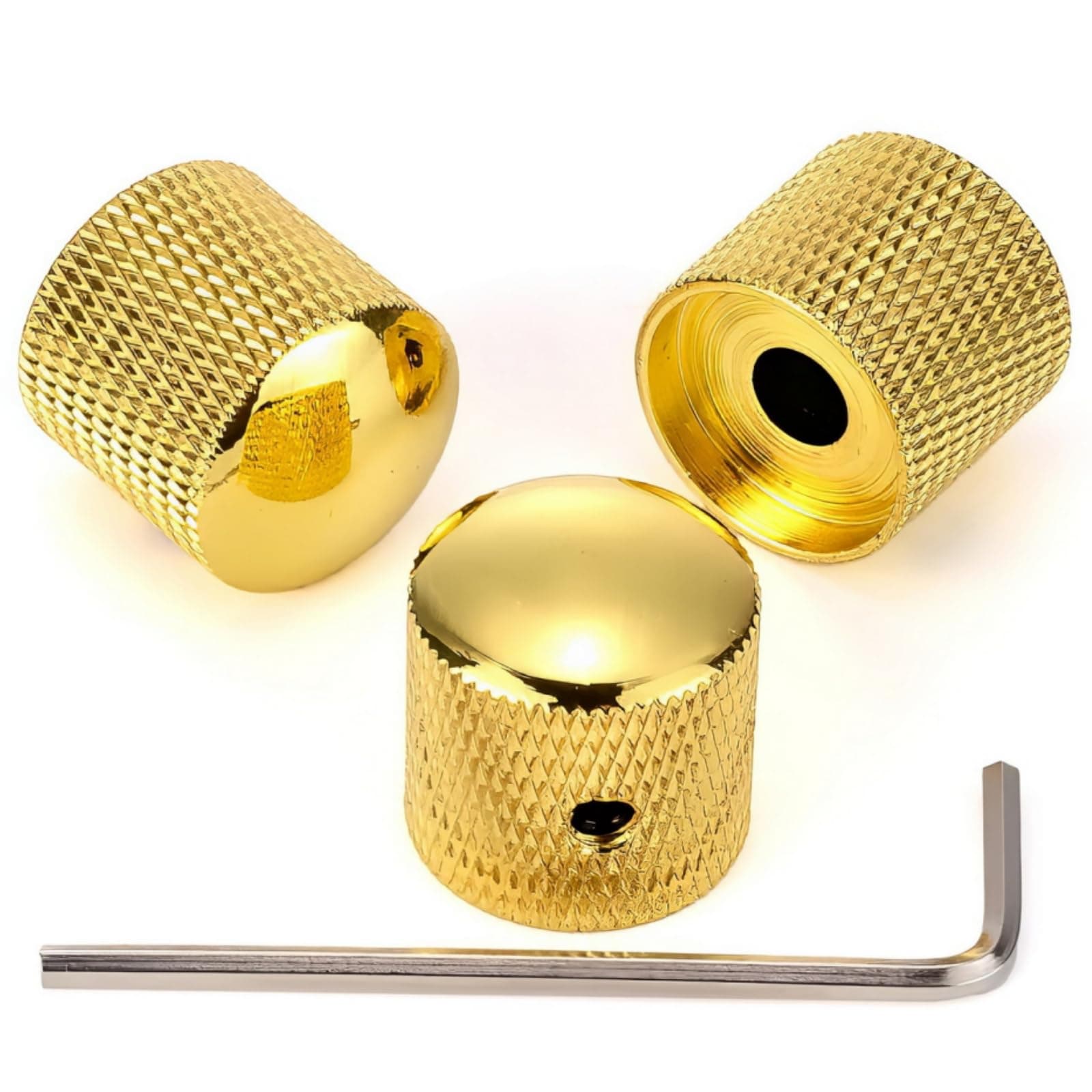 Swhmc 3PCS Metal Volume Tone Dome Guitar Speed Control Knurled Shaft Pots Knobs with Keys Screws Set for Electric Guitar or Bass (Gold)
