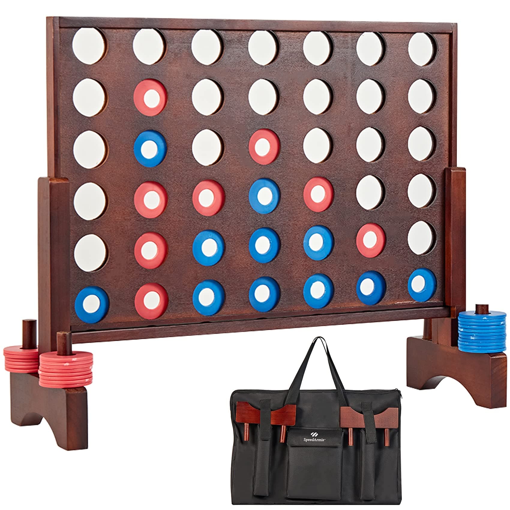 Giant Wooden 4 in A Row Game - Fun Indoor and Outdoor Board Games for Teens, Includes 42 Pcs Dics and Carrying Bag