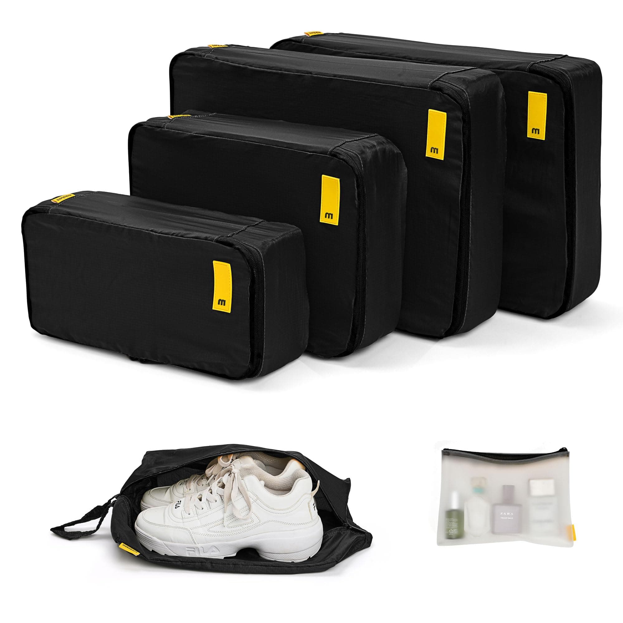 MOKOBARA The Packing Cube Nylon Fabric Water Resistant Travel Organizer Wardrobe Organizer Set Of Packing Bag (Xl,Large, Medium, Shoe Bag, Toiletry Bag) (Set Of 6, Black)