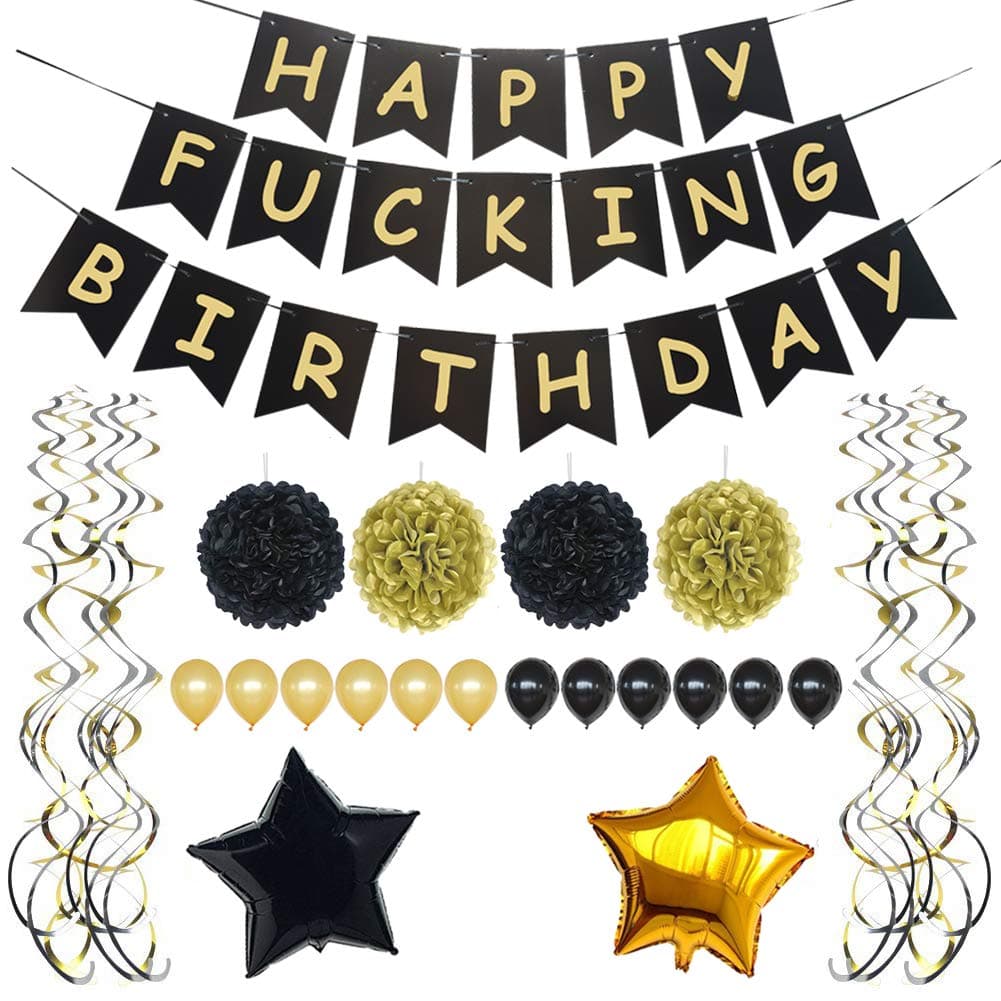 CrzPai Black and Gold Party Decorations Happy Fking Birthday Bunting Banner Sign, 30th, 40th, 50th, 60th, 70th, 75th, 80th, 90th Birthday Party Supplies Favors for Girl Boy Men Women Adult (Black)