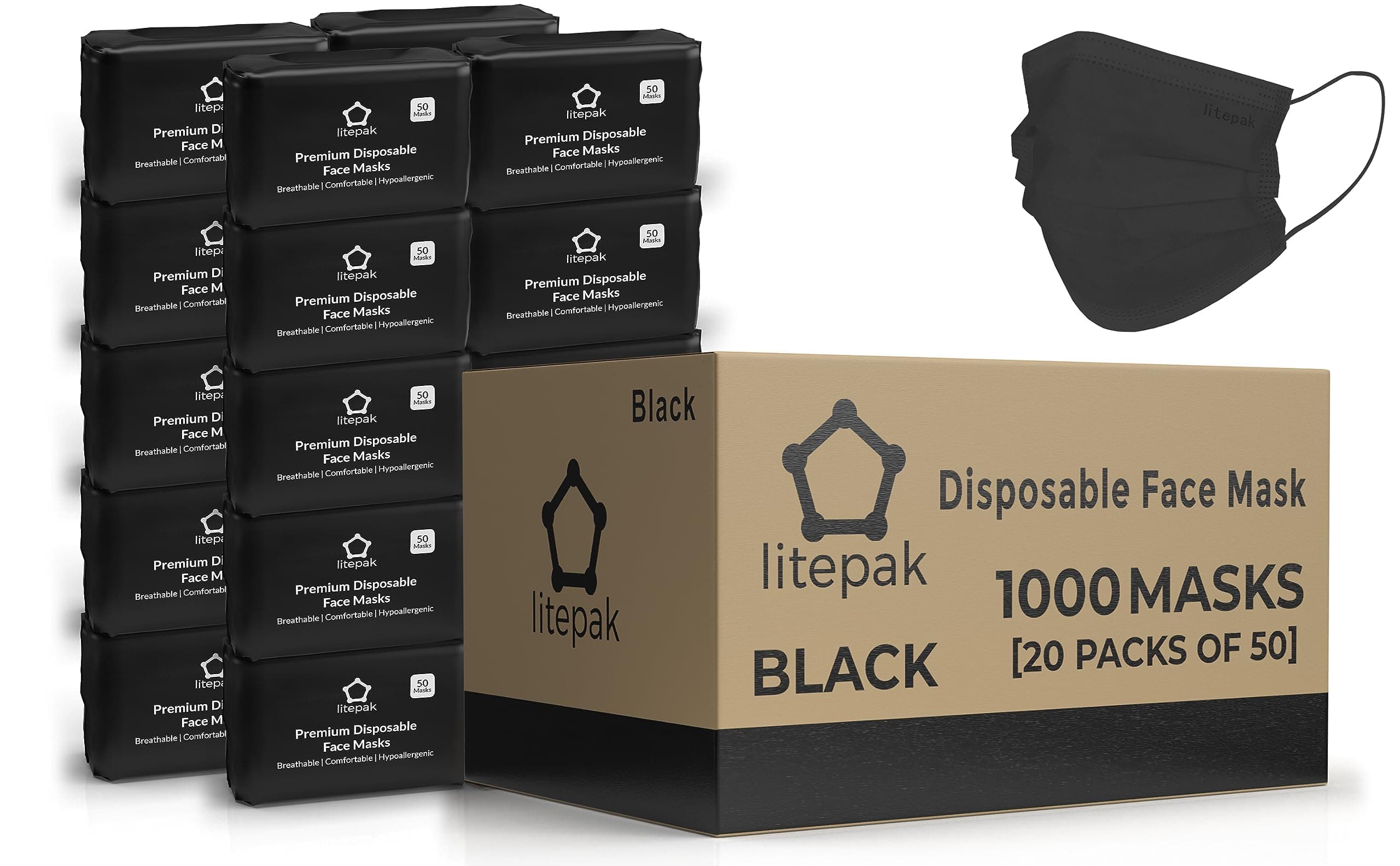 - Litepak - 1,000 PCS - Disposable Face Masks for Home & Office - Breathable & Comfortable Filter (Black)