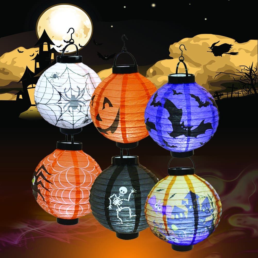 Gaekce Halloween Decorations Paper Lanterns with LED Light for Holiday Home Party, 6 Pcs, Bats,Spiders, Skeleton, Jack-O, Castle, with Halloween Goodie Bag