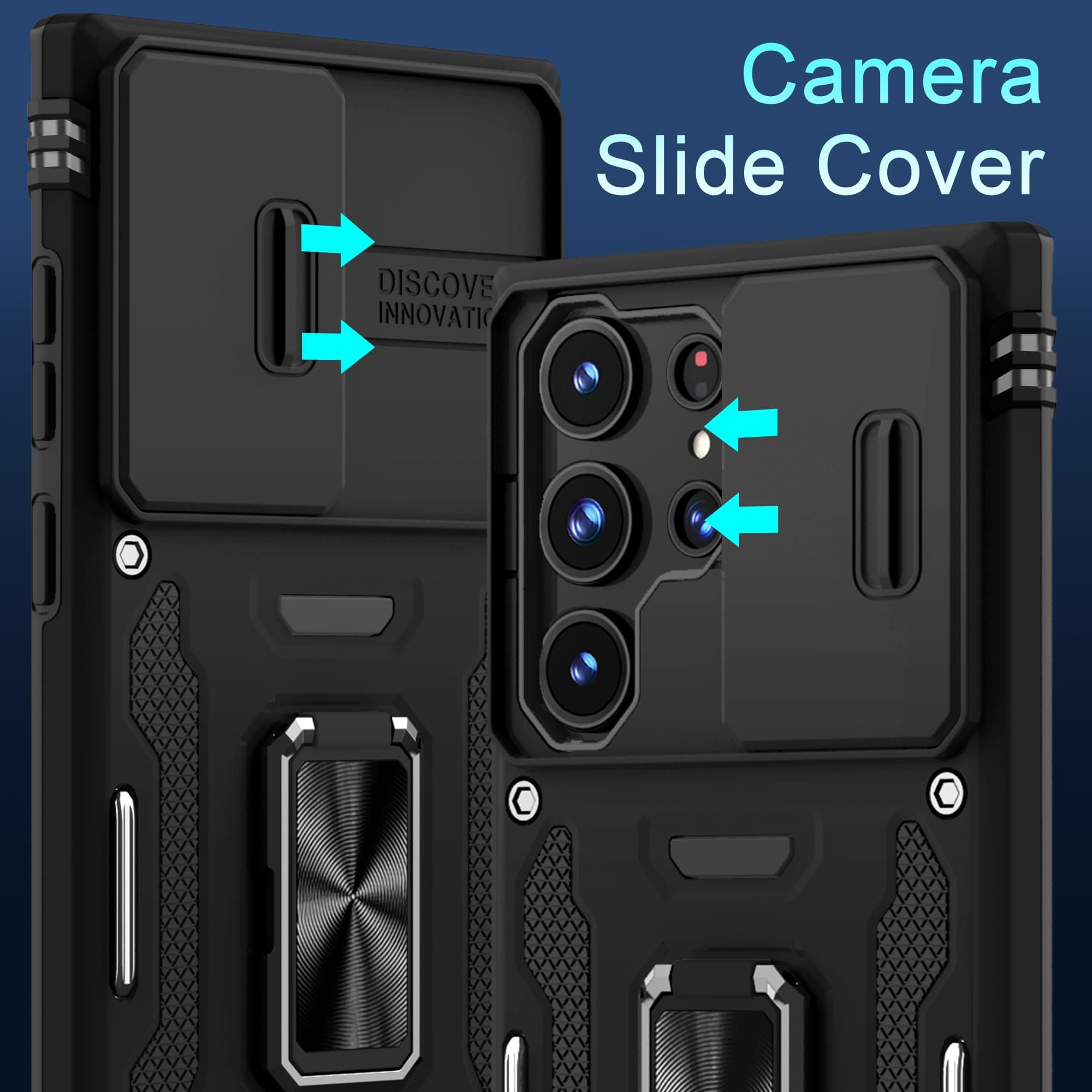 DEERLAMN Case for Samsung Galaxy S24 Ultra with Slide Camera Cover+Screen Protector (1 Pack), Rotated Ring Kickstand Military Grade Shockproof Protective Cover-Black