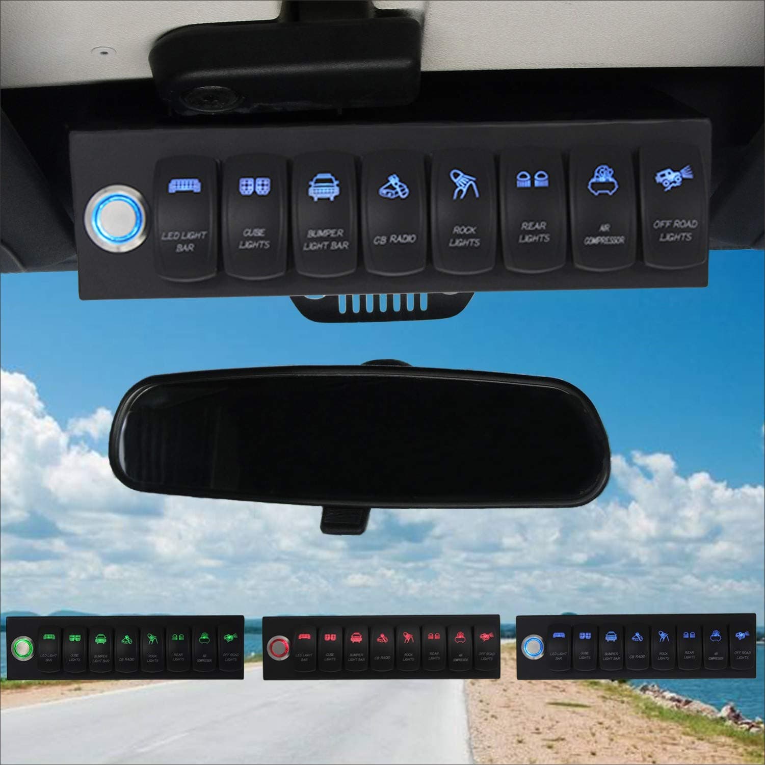 Voswitch Overhead 8-Switch Pod/Panel with Control and Source Box Blue Backlight Compatible with Jeep Wrangler JK JKU 2007-2018