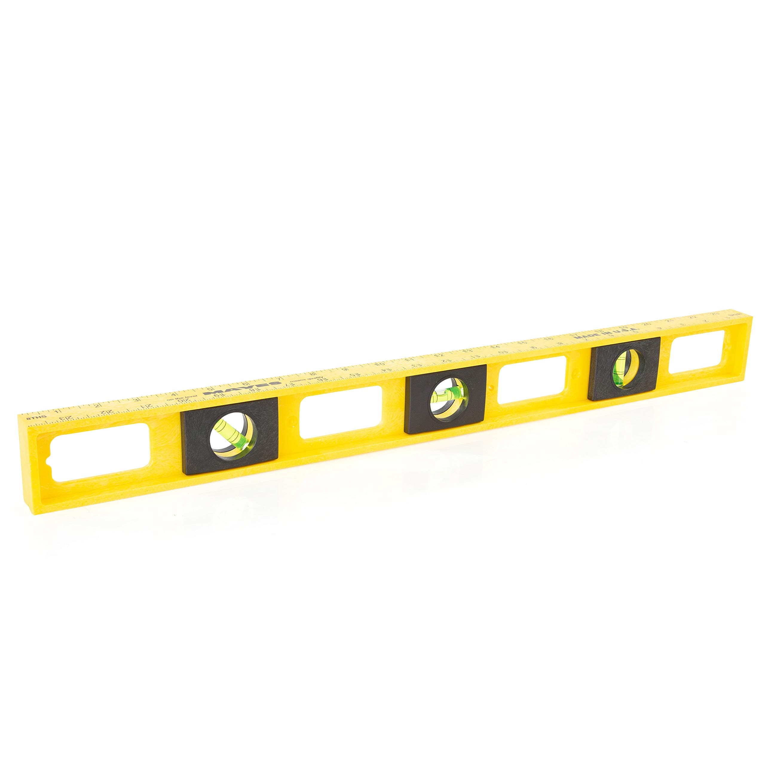 MAYES10101 Polystyrene Level, 24-Inch | Level for Plumbers, Carpenters, Everyone Else | Highly Accurate Leveling Tool | Find Level & Plum with Ease | Rugged Build | Made in U.S.A. | Yellow