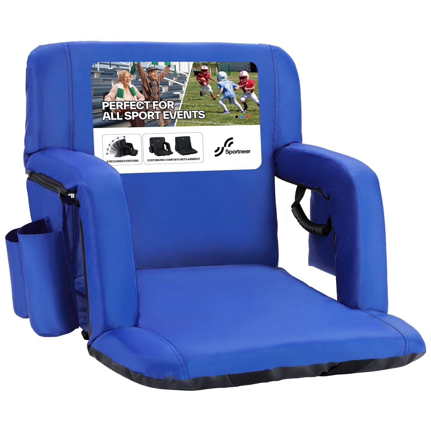Sportneer Stadium Seats with Back Support: 2.5'' Thick Comfy Cushion 6 Adjustable Angle Bleacher Seat with Armrest - 2 Large Pockets, 2 Cup Holders Stadium Chair for Sport Events Concerts Parks