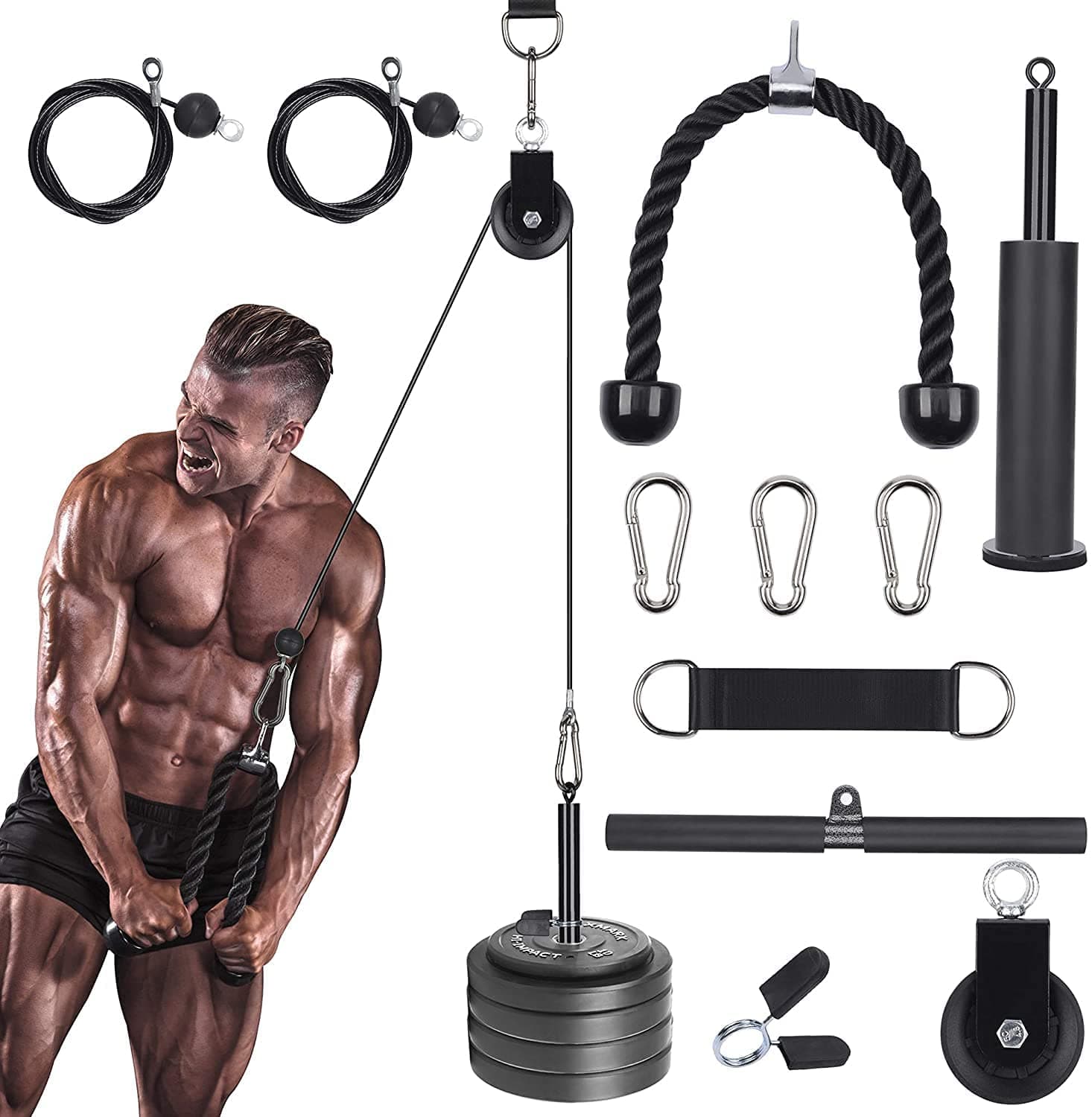 Arabest Pulley System Gym, Home Cable Pulley System with Silent Pulley, Tricep Rope, Straight Bar, 2 Cables, Upgrad Loading Pin, 3 Hoist Buckles and Hanging Strap, Home Gym Equipment for Core Routine