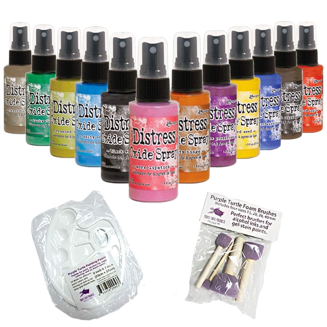 Purple Turtle Products Spray, 12 Bottle Set with Spring 2019 Colors Distress Oxide Ink, Including Bonus Mixing Tray and Foam Paint Dobbers
