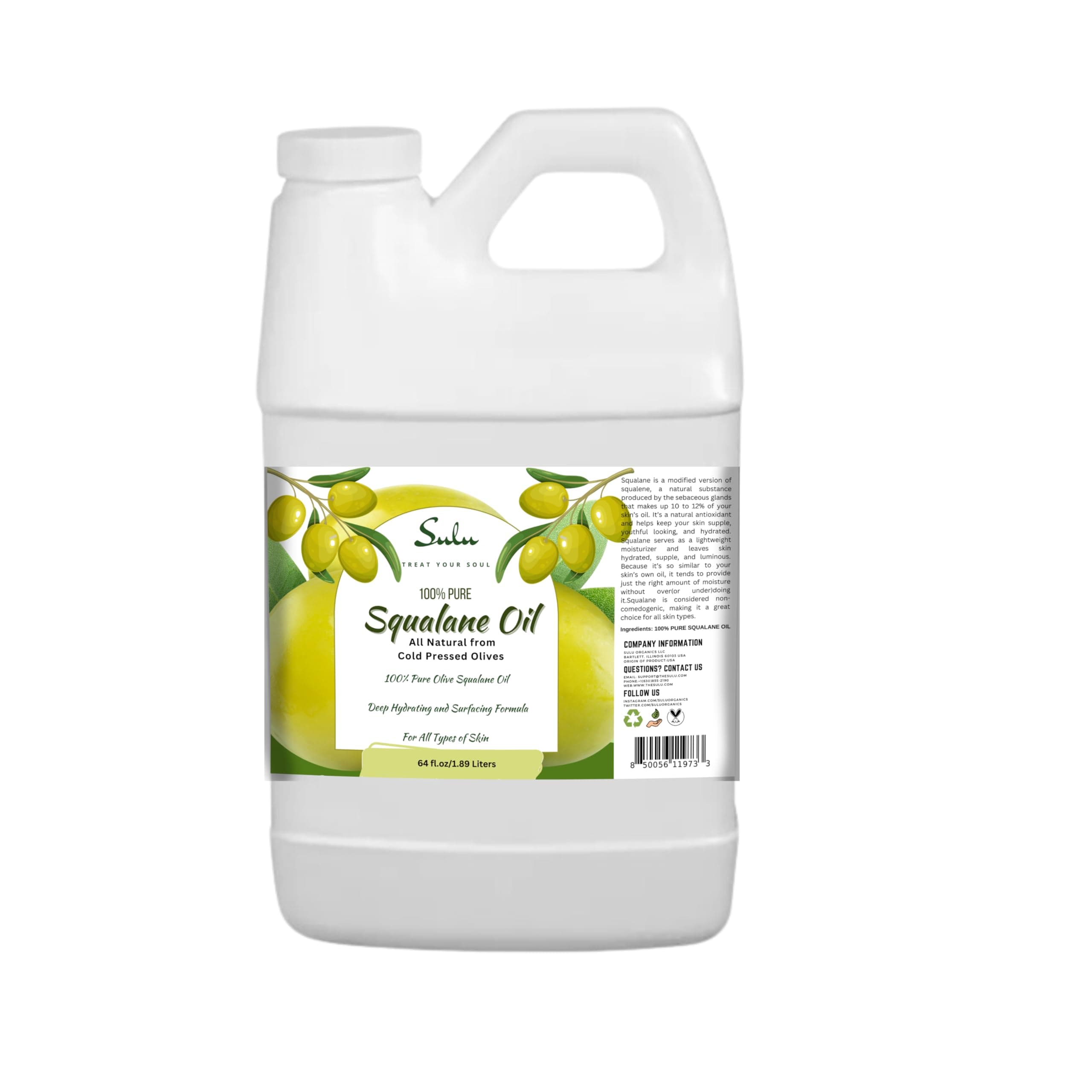 100% Pure Squalane Oil derived from Cold pressed Olives for Face, Hair, Body -64 fl.oz