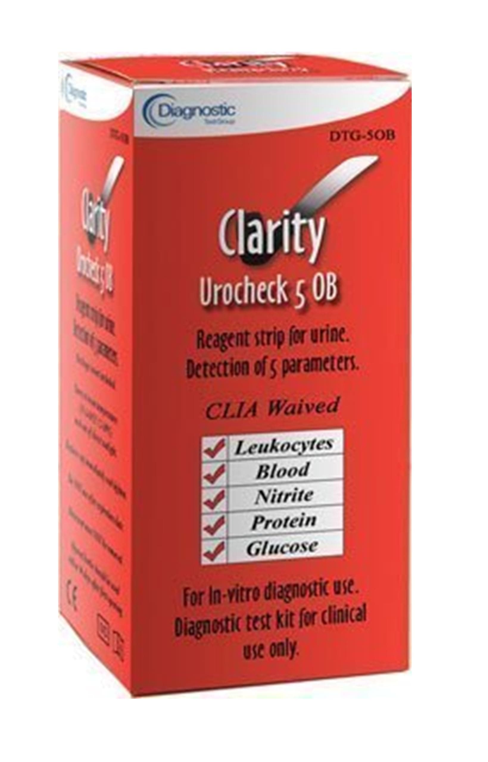 Urocheck 5OB, CLIA Waived; Reagent Strips for 5 Parameters (Leukocytes, Blood, Nitrite, Protein, Glucose) 100 Strips per Box (DTG-5OB)