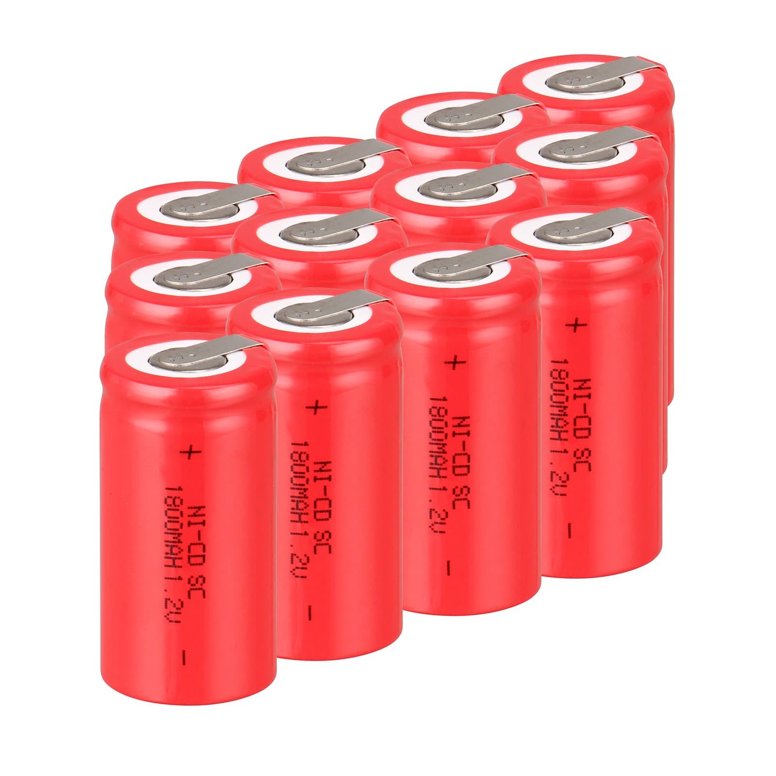 12 Pcs Ni-Cd SubC 1.2V 1800mAh Rechargeable Battery with Tab (12pcs, Red)