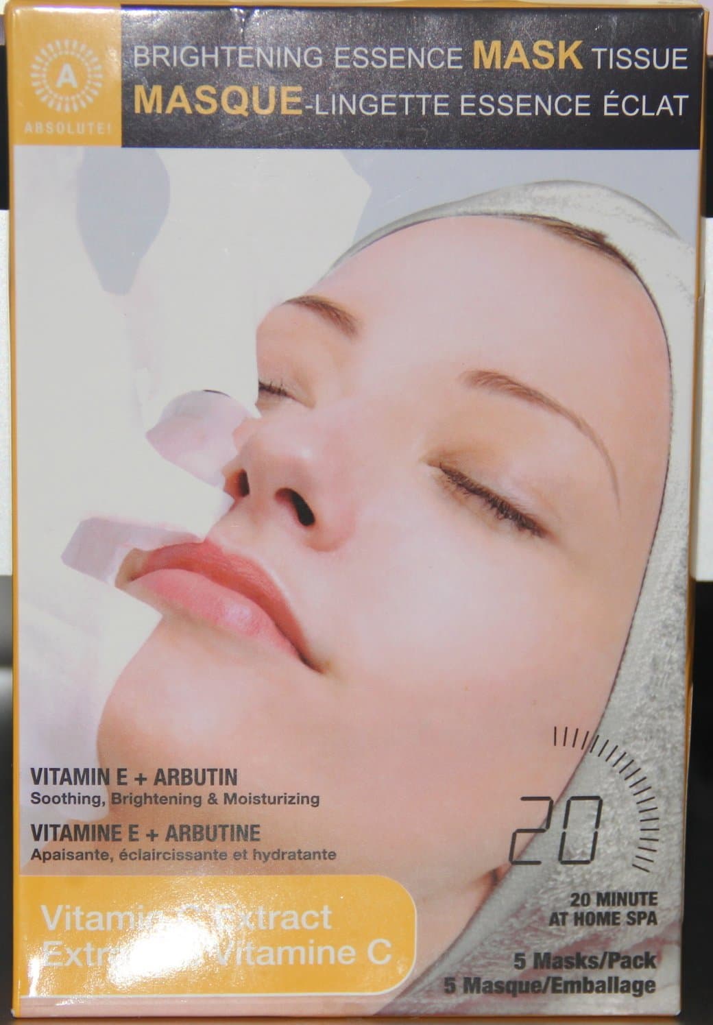 Brightening Essence Mask Tissue Vitamin C Extract 20 Minute At Home Spa 5 Masks/Pack