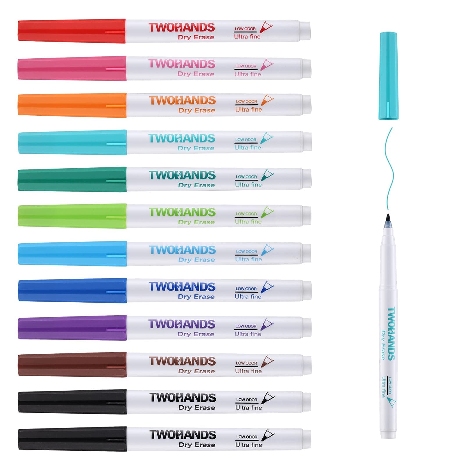 TWOHANDS Whiteboard Markers Dry Wipe Pens Ultra Fine Tip,0.7mm,Low Odor,Extra Fine Point Dry Erase Markers,11 Assorted Colors,12 Count,20529