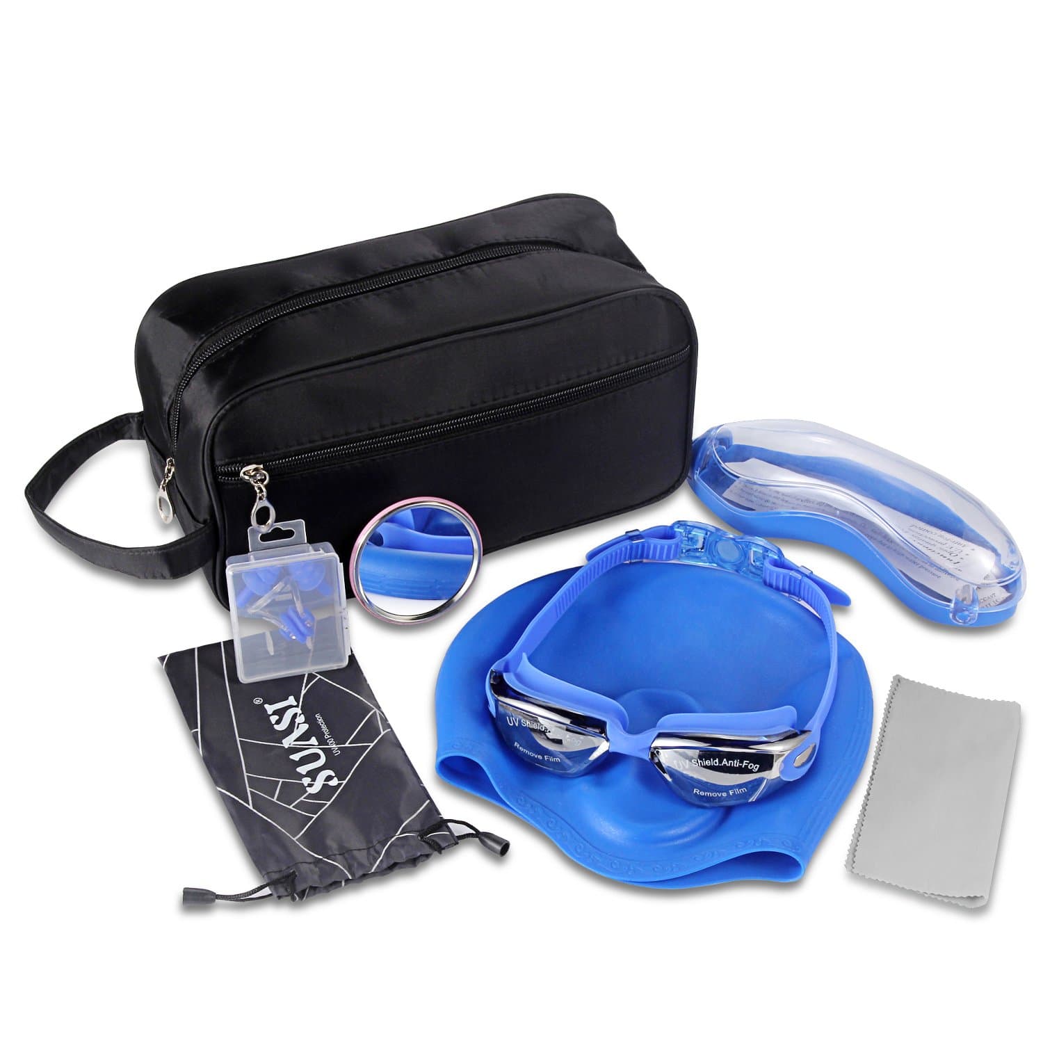 SUASI Swimming Goggles Set- Come with Anti Fog UV Protection Swim Goggles,Super Elastic Swim Caps,Earplugs and Nose Clip,Pouch and Cloth, Portable Mirror with Durable Carrying Bag-Best Gift (BLUE)