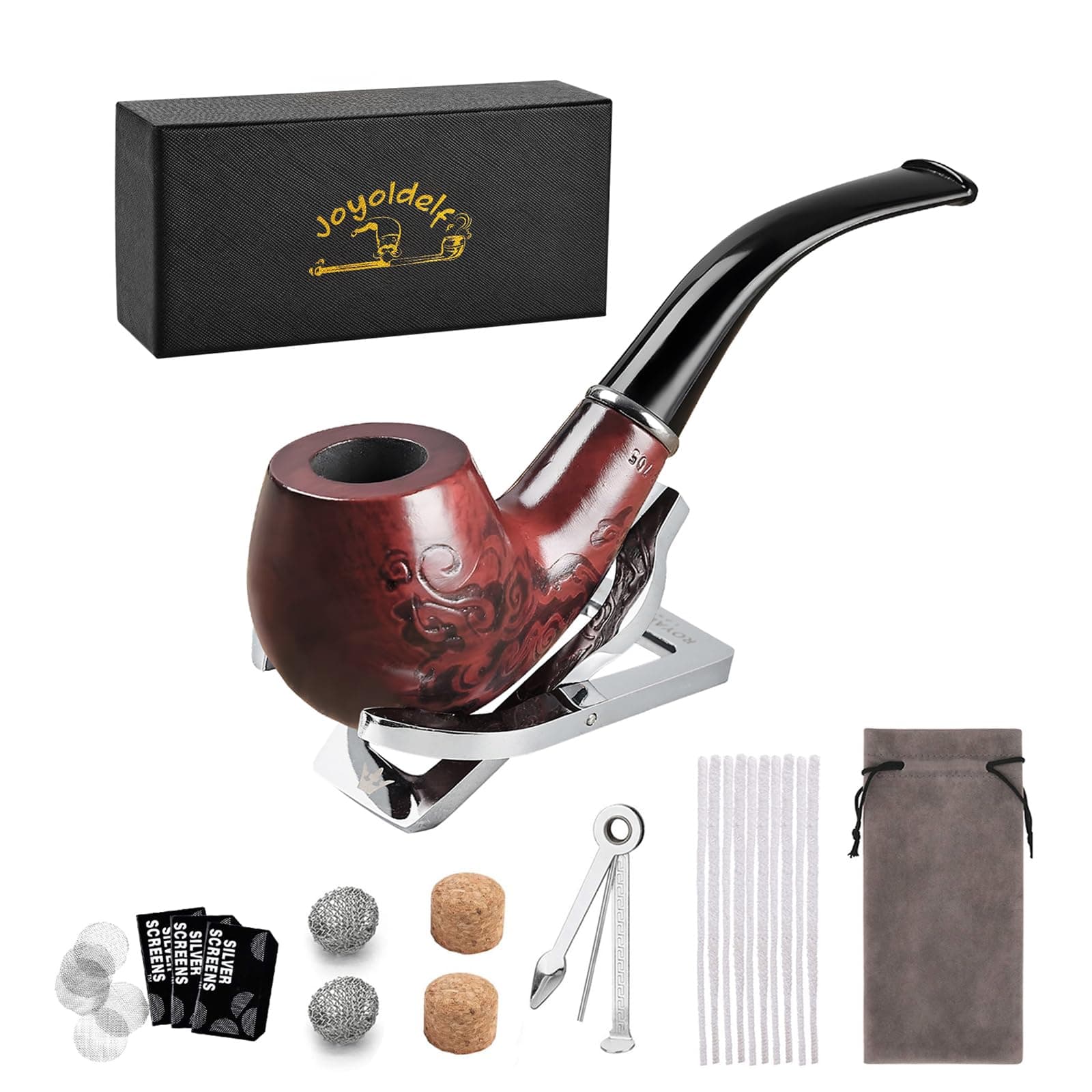 Rosewood Pipe Set, Curved Wooden With Stainless Steel Stand Holder, For Beginners Accessories And Gift Box