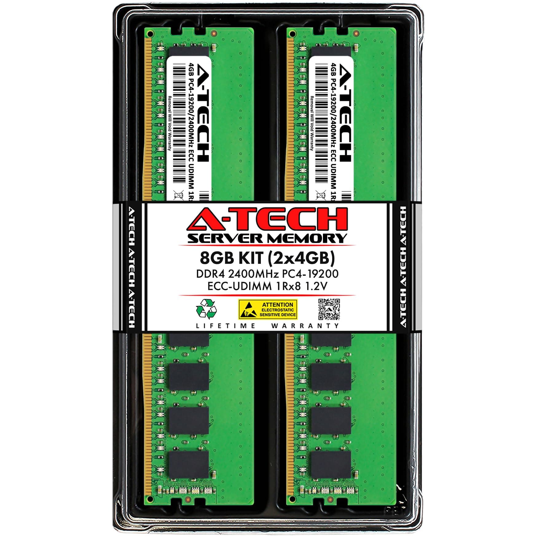 Server 8GB Kit (2x4GB) DDR4 2400MHz PC4-19200 ECC UDIMM 1Rx8 Single Rank 1.2V ECC Unbuffered DIMM 288-Pin Server & Workstation RAM Memory Upgrade Modules (A-Tech Enterprise Series)