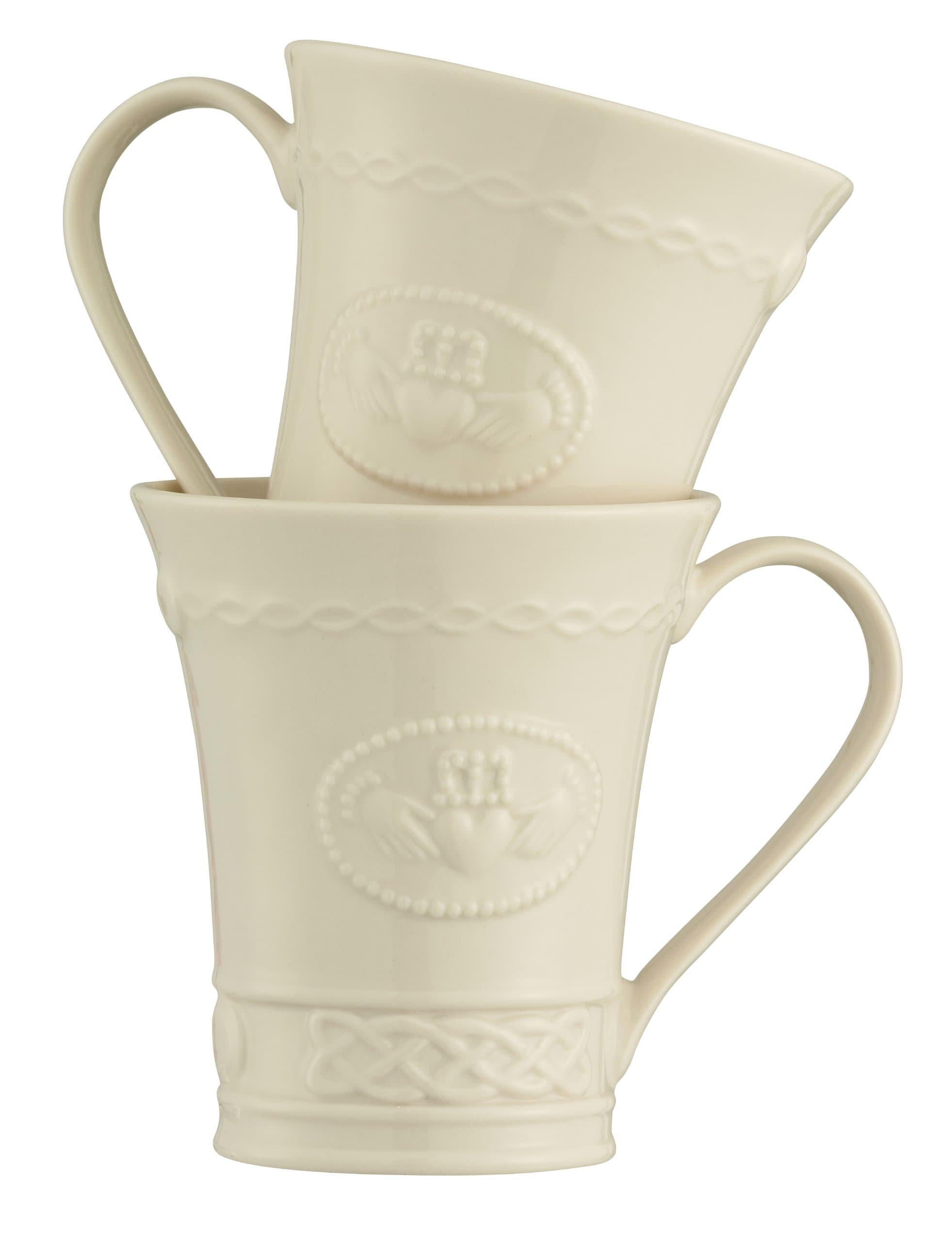 Belleek Claddagh Irish Coffee Mugs Set of 2 - Handcrafted Ceramic Cups - Fine Parian China, White, 4.8"W x 4"H, 10oz