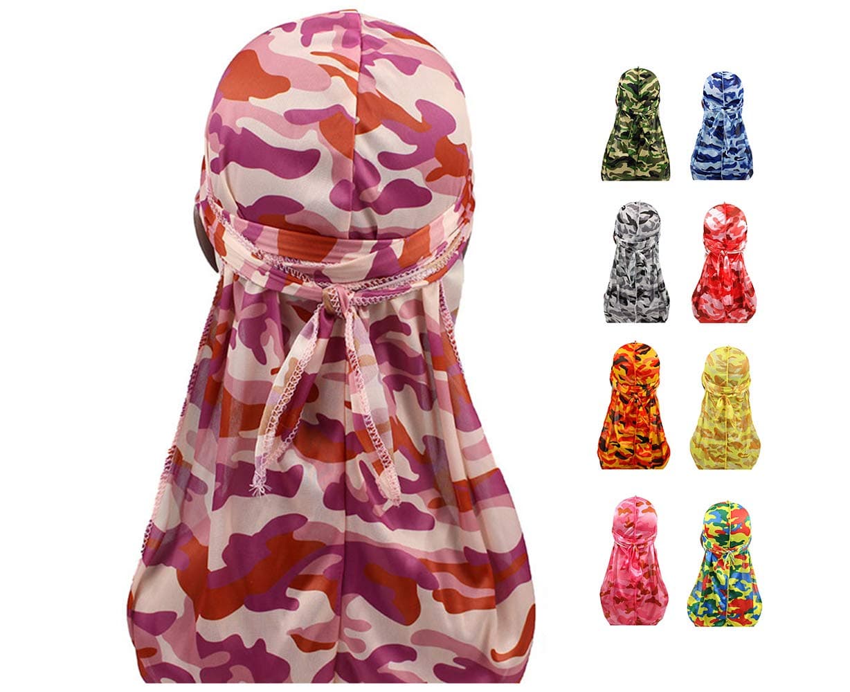 Sejardin Colorful Military Camouflage Waves Long Tail Caps Bandana Turban Silky Durag Headwraps for Men and Women