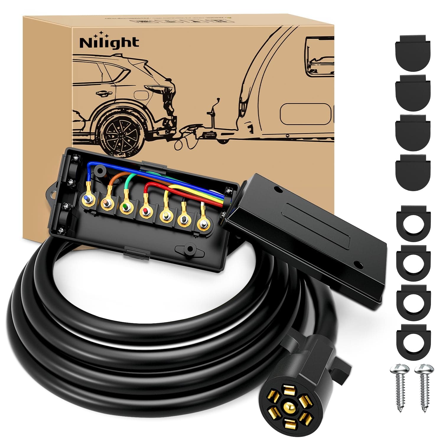Nilight Heavy Duty 7 Way Inline Trailer Plug 8 Feet Connector Cable 7Pin RV Round Extension Wiring Harness Weatherproof Junction Box for RV Towing Car