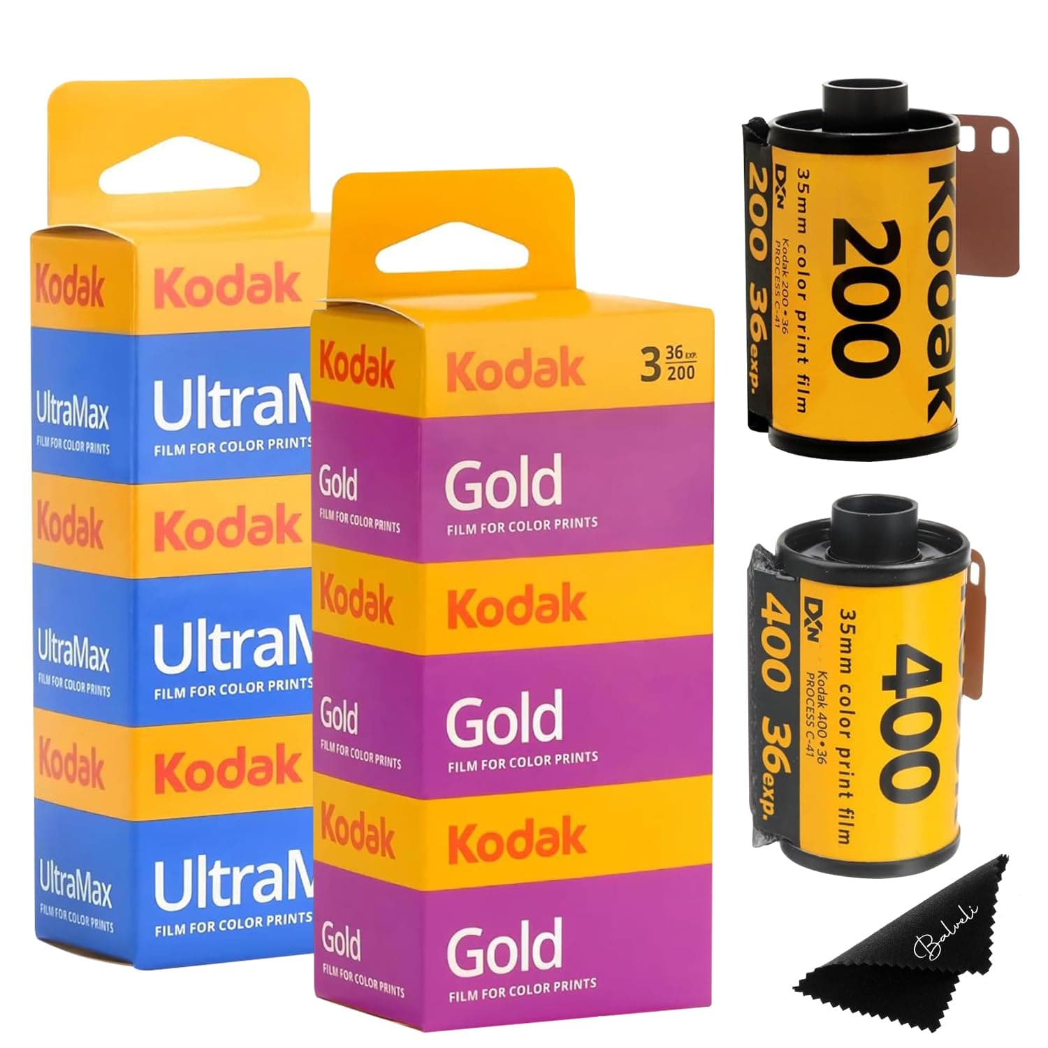 Kodak Ultramax 400 35mm Film 3 Pack & Kodak Gold 200 35mm Film 3 Pack Bundle (6 Rolls Total) for 36EXP 35mm Film Camera Kodak Film Balveli Microfiber Cloth 35mm Film Roll Camera Film