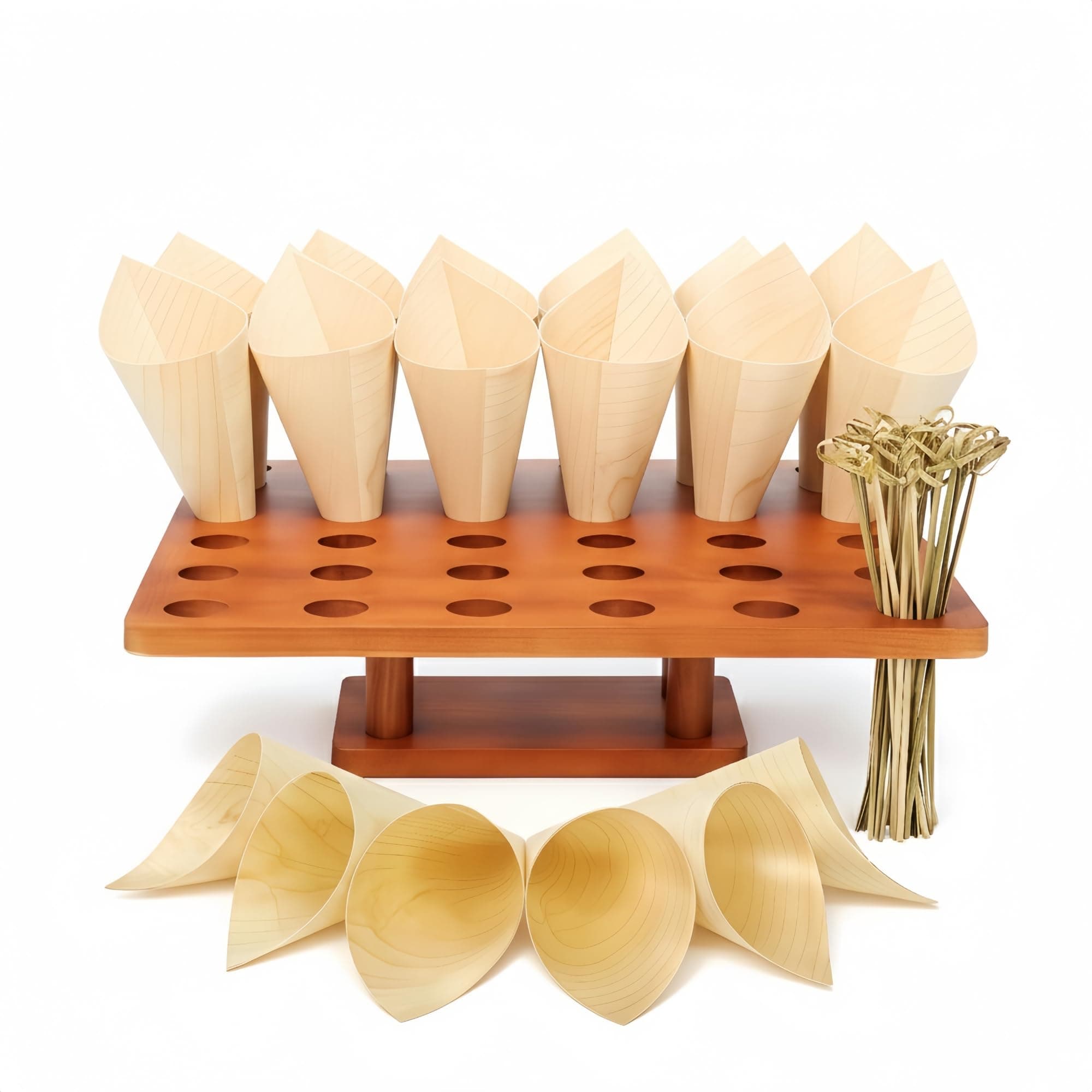 36 Slot Wooden Cone Holder Stand with 100 Cones & 100 Picks, 13 x 13 Appetizer & Dessert Cone Display for Catering Buffets, Charcuterie Cone Bar, Parties & Food Trucks