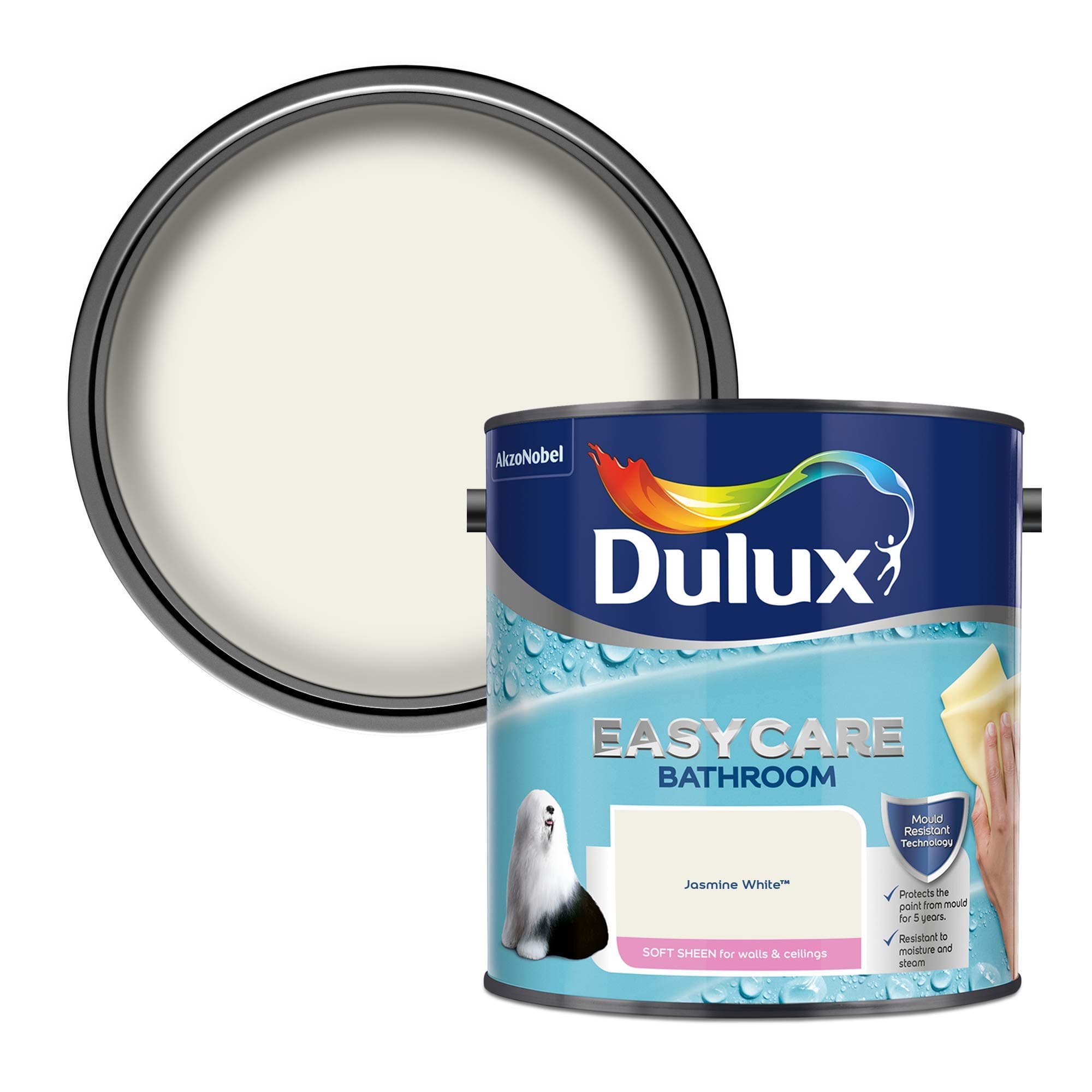 Dulux Easycare Bathroom Soft Sheen Emulsion Paint for Walls and Ceilings - Jasmine White 2.5 litres