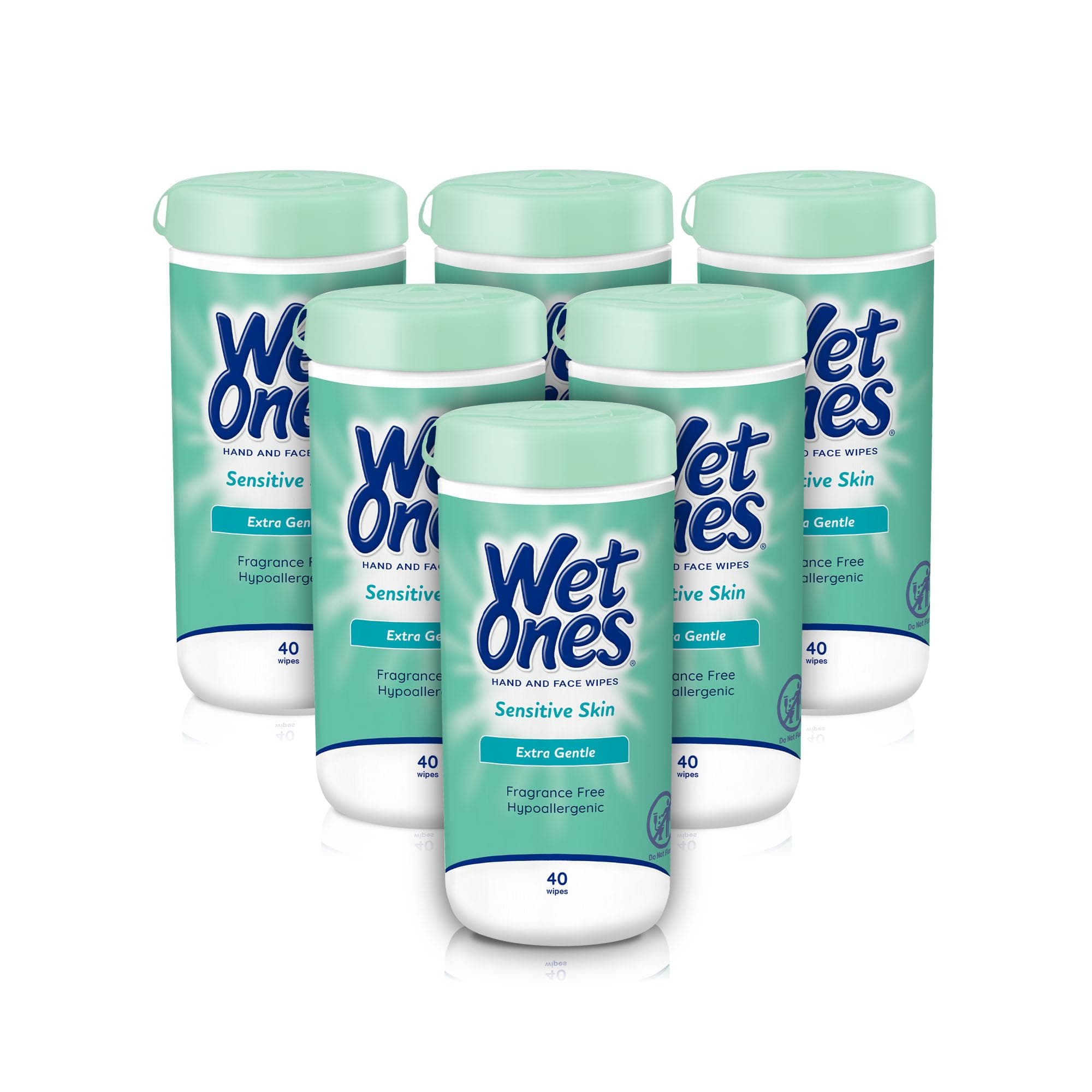 Wet Ones Hand and Face Wipes, Sensitive Skin, Unscented, 40ct Canister (6 Pack)