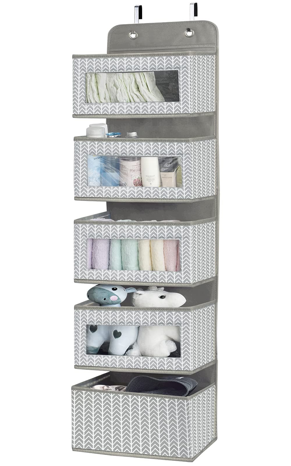 Over The Door Hanging Organizer with 5 Large Pockets - Wall Mount Pantry Storage with Clear PVC Window & 2 Big Metal Hooks for Closet,Bathroom,Nursery,Bedroom,Dorm,Baby Diapers,Kids Toys (Gray)