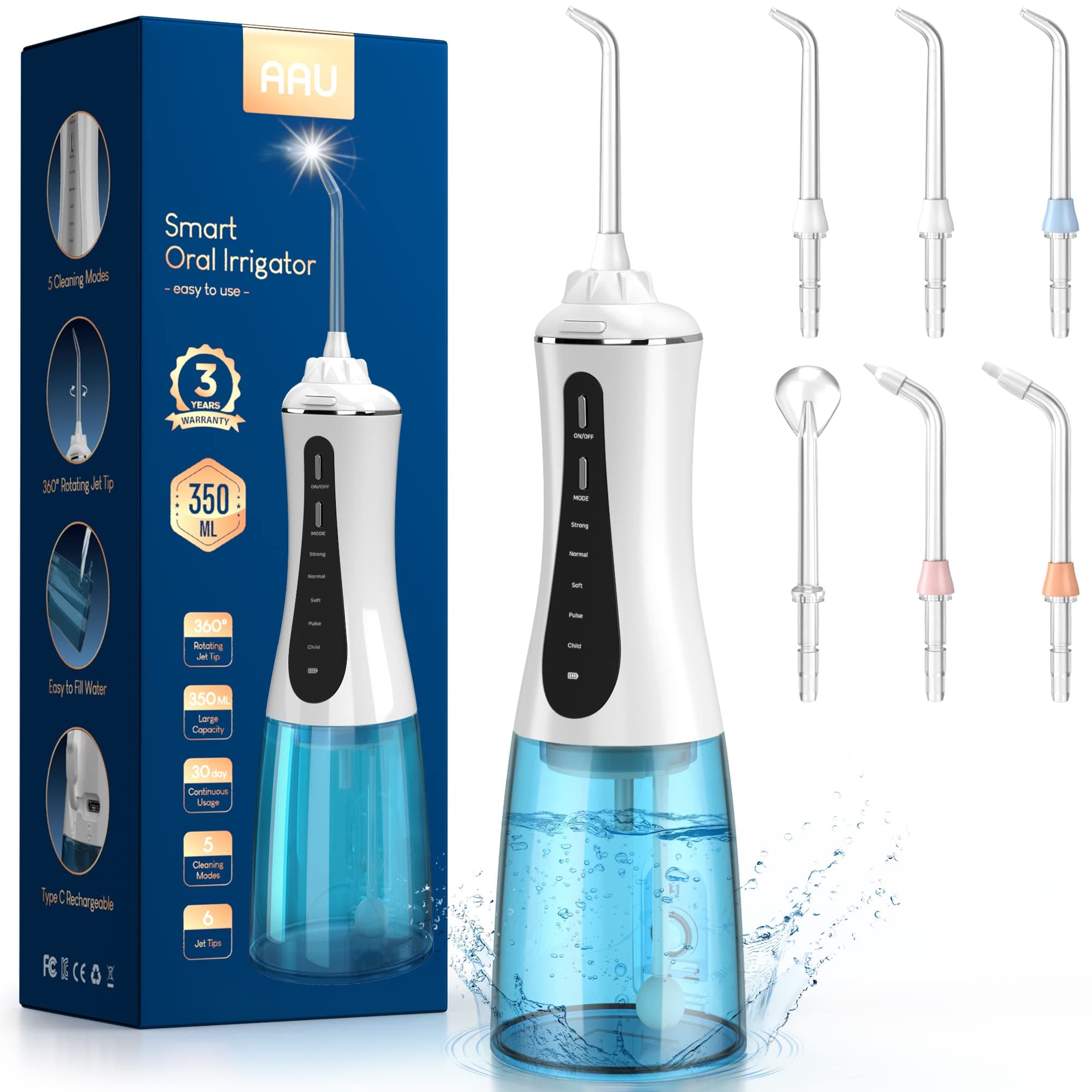 Cordless Water Dental Flosser for Teeth - 350ML Portable and Rechargeable Oral Irrigator with 5 Modes 6 Replaceable Tips - IPX7 Waterproof Powerful Battery Life Water Dental Picks for Travel Home Use
