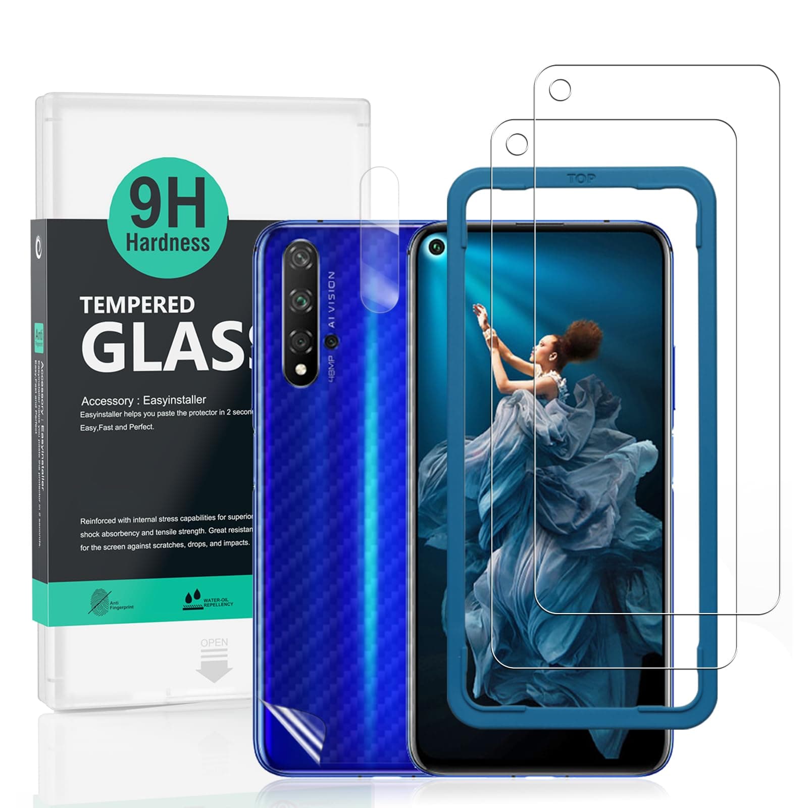 Ibywind Screen Protector For Honor 20/Nova 5T,with 2Pcs Tempered Glass,1Pc Camera Lens Protector,1Pc Backing Carbon Fiber Film [Fingerprint Reader,Easy to install]