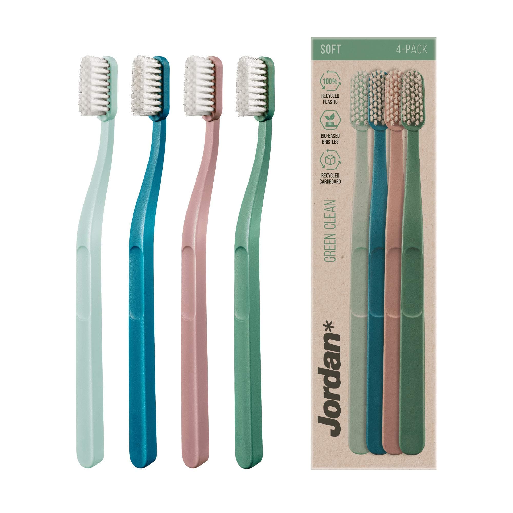 Jordan* ® | Green Clean Manual Toothbrush | Sustainable, Scandinavian Design, Soft Bristles, Mixed Colors | 4 Units