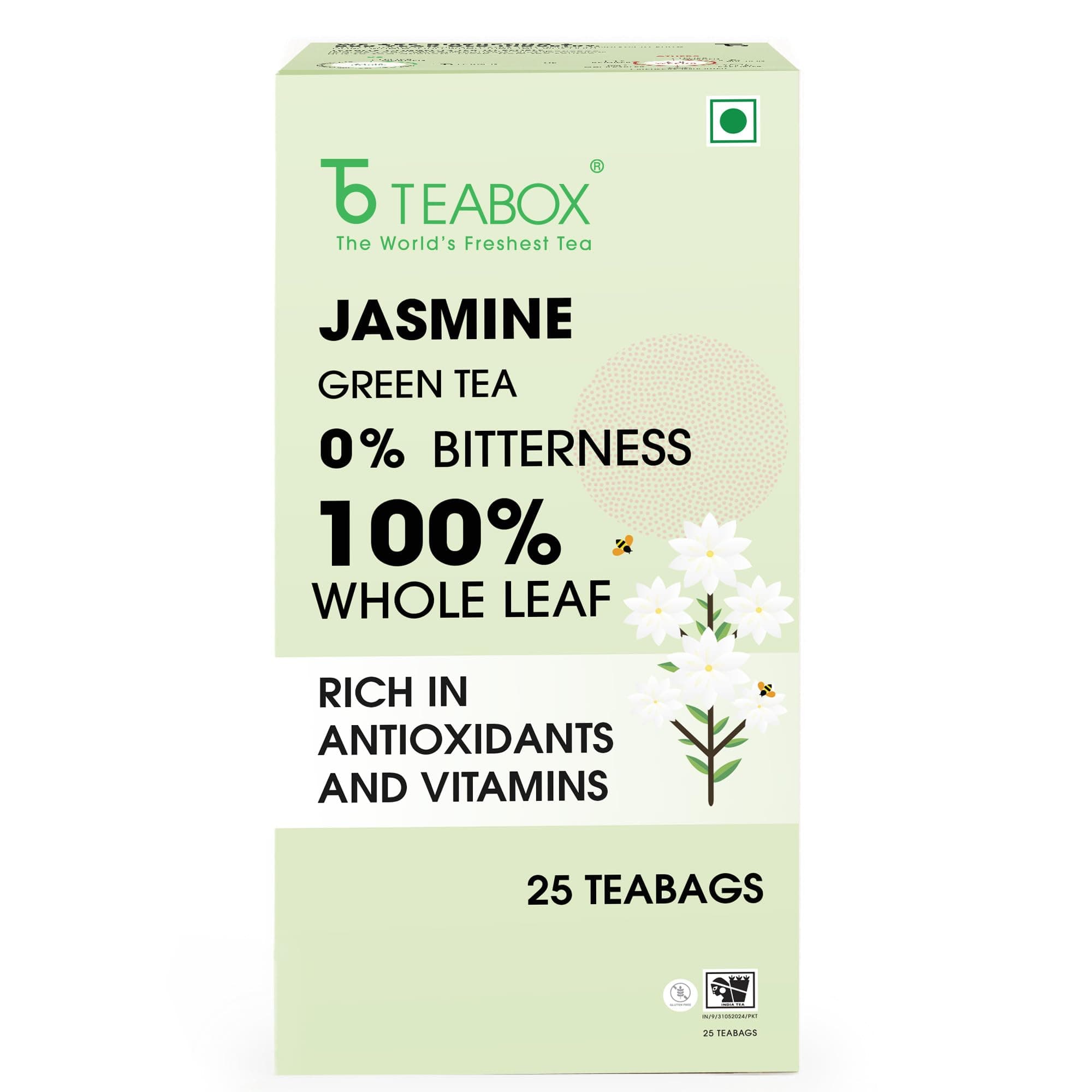 Teabox Jasmine Green Tea | 25 Pyramid Whole Leaf Teabags | Natural Jasmine Aroma | Premium Blend Sourced from Madurai