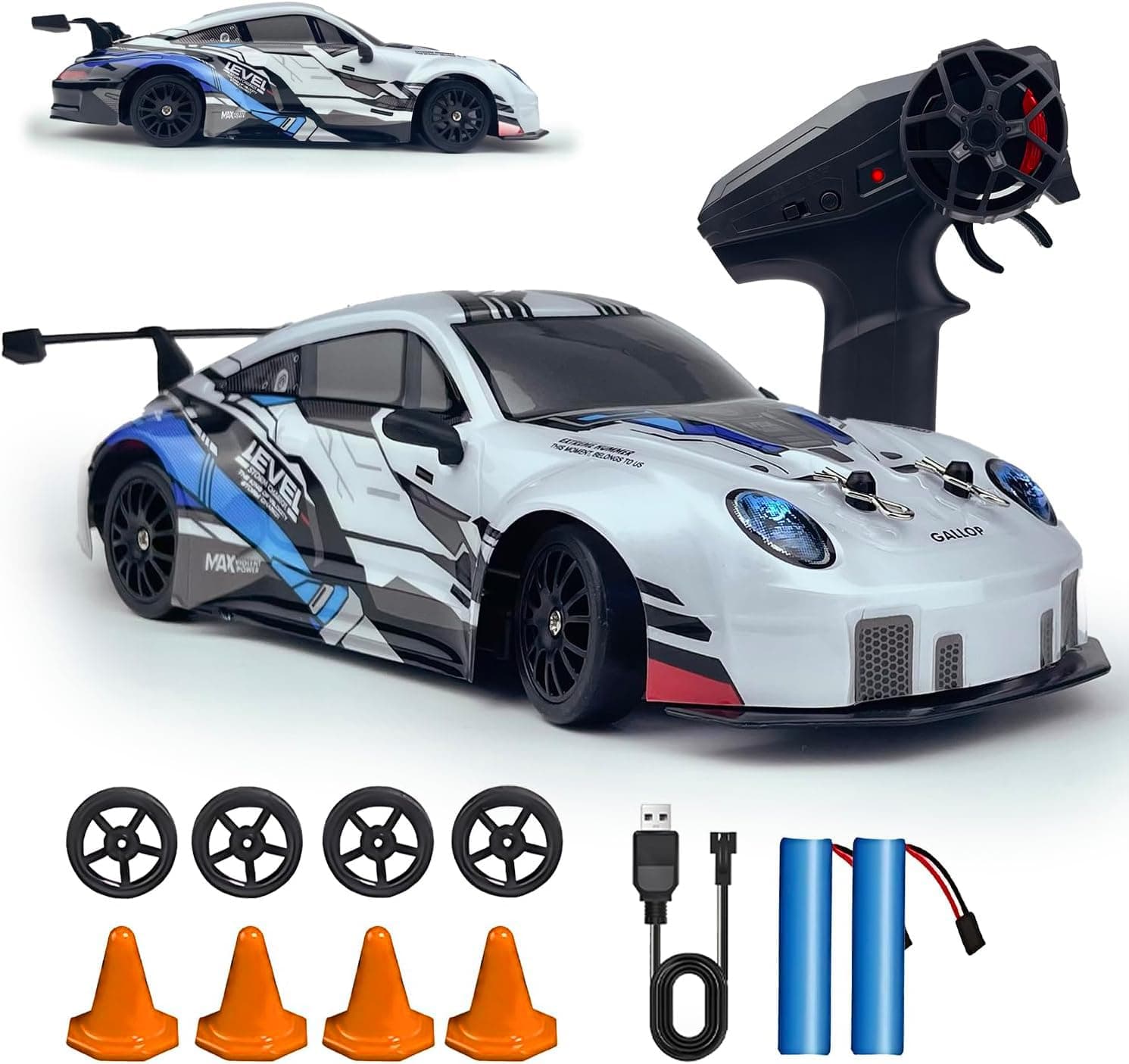 RC Drift Car 2.4GHz 1:24 Scale 4WD High Speed Remote Control Cars Vehicle with LED Lights Two Batteries and Drifting Tires Racing Sport Toy Cars for Adults Boys Girls Kids