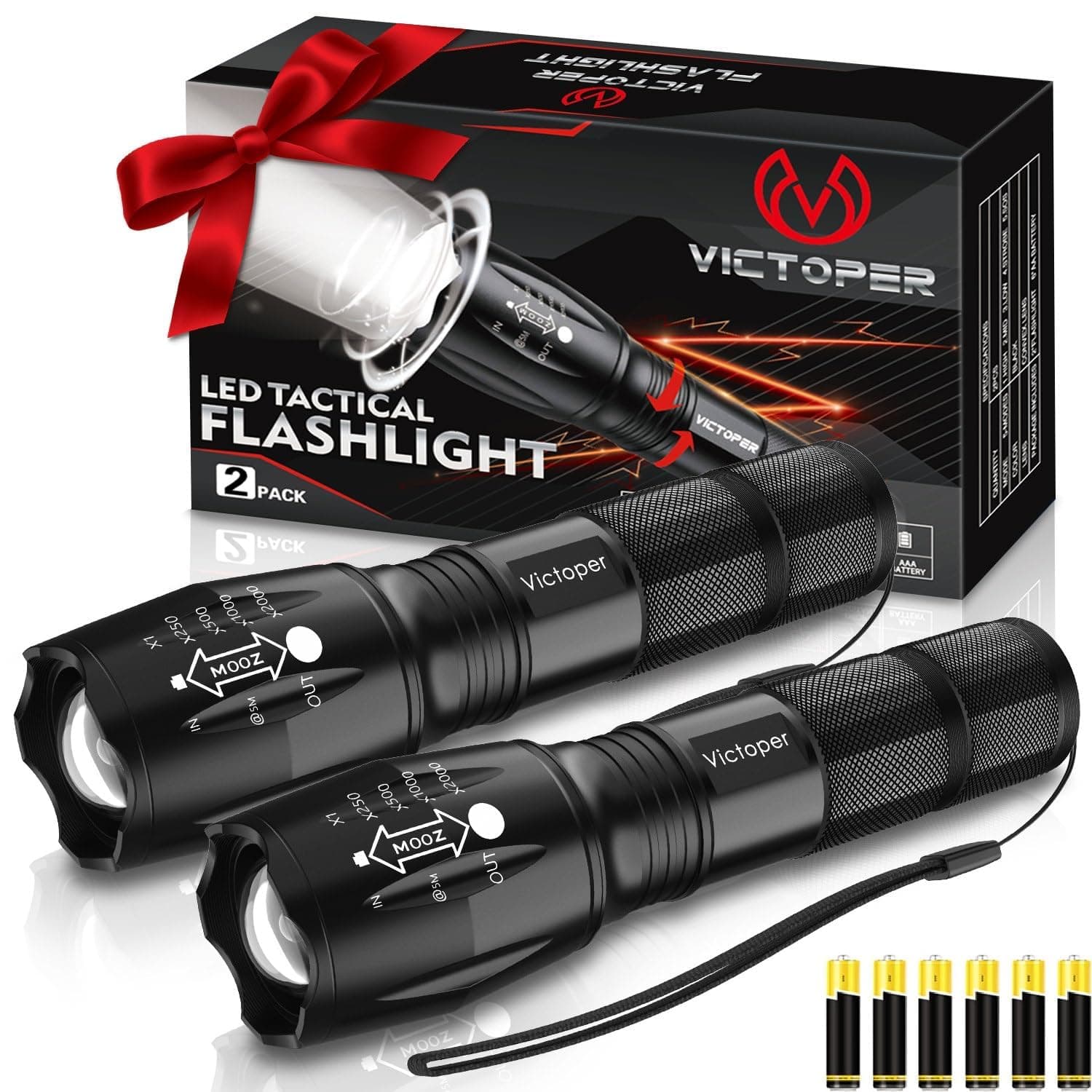 Victoper LED Torch 2 Pack, 2000 Lumens High-Performance Tactical Torch Lights with 5 Modes, Waterproof Zoomable Flashlight for Outdoor Activities, Camping Essentials