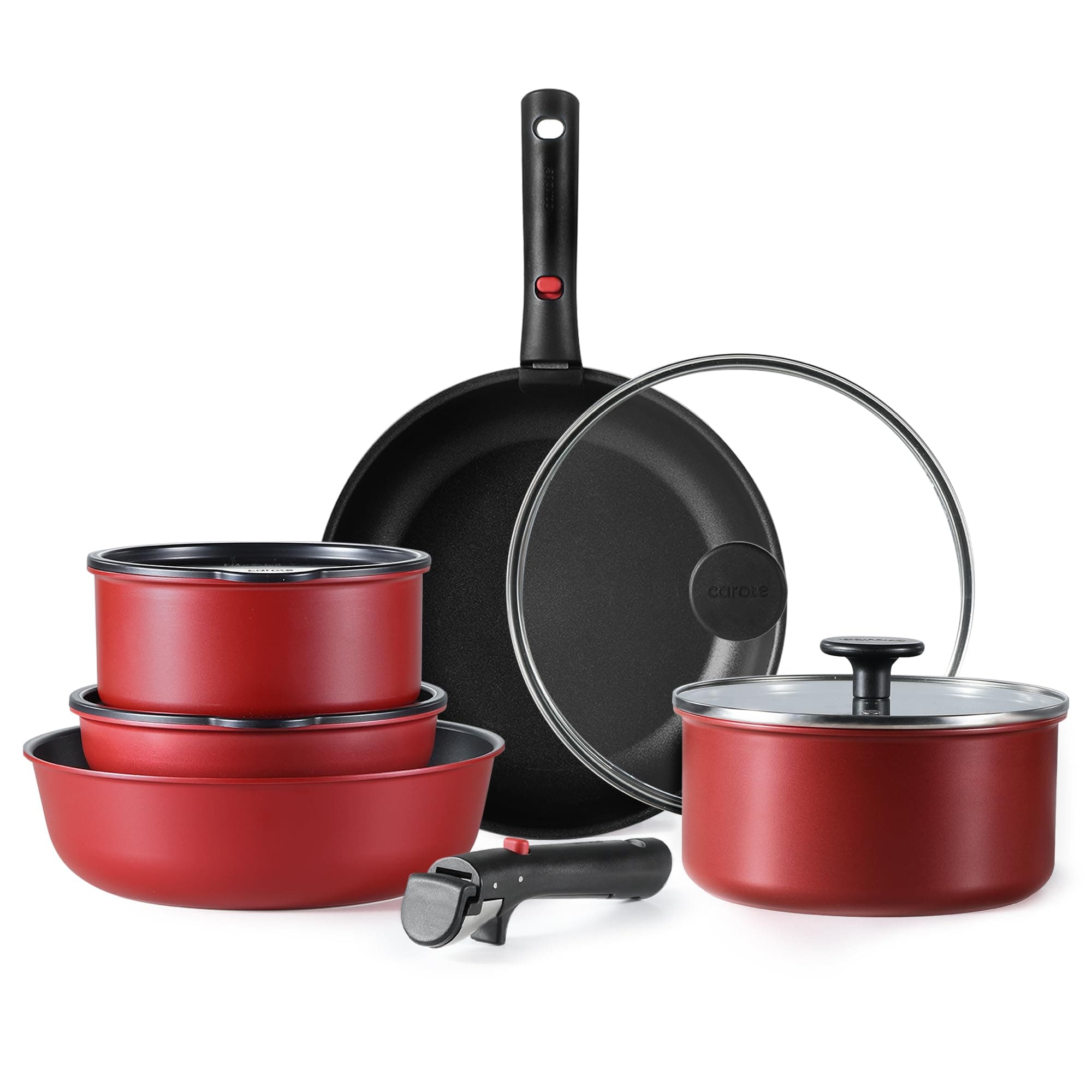 CAROTE Pots and Pans Set Non Stick, Cookware Sets, Oven/Fridge Safe, Space Saving Pots Set, 11pcs Kitchen Set, Nonstick Set with Versatile Removable/Detachable Handle, Induction RV Set, Red and Black