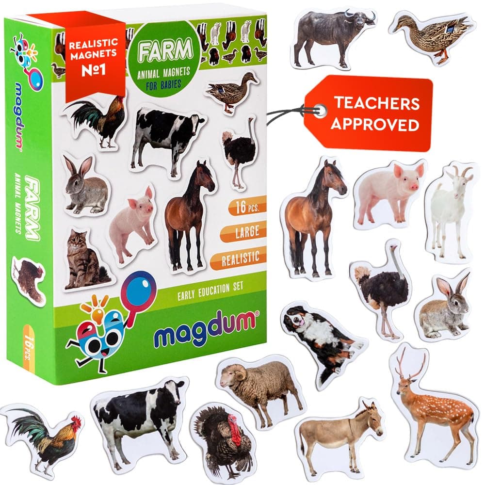 Fridge Magnets for Toddlers - Magdum - 16 Farm Animal Magnets for Refrigerator - Magnetic Animals for Children - Realistic magnets for Kids – Learning Set - Baby Educational Gift