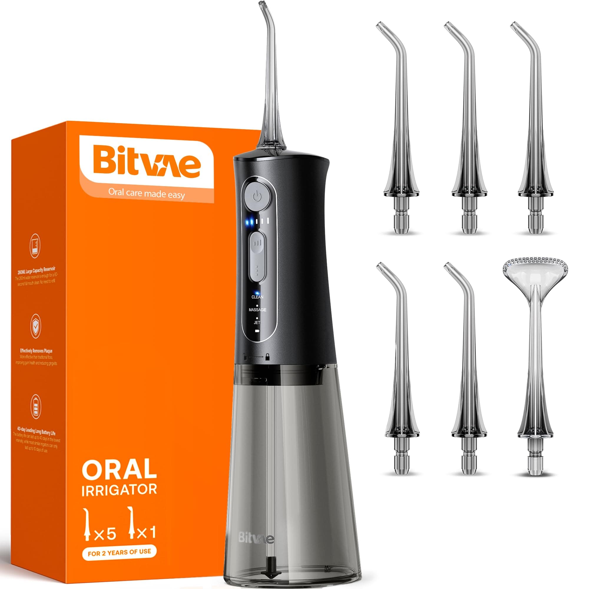 Bitvae Water Flosser Professional for Teeth , Portable 260ML Water Teeth Cleaner Picks , 3 Cleaning Modes 6 Jet Tips , IPX7 Waterproof , USB Rechargeable Water Dental Picks for Cleaning
