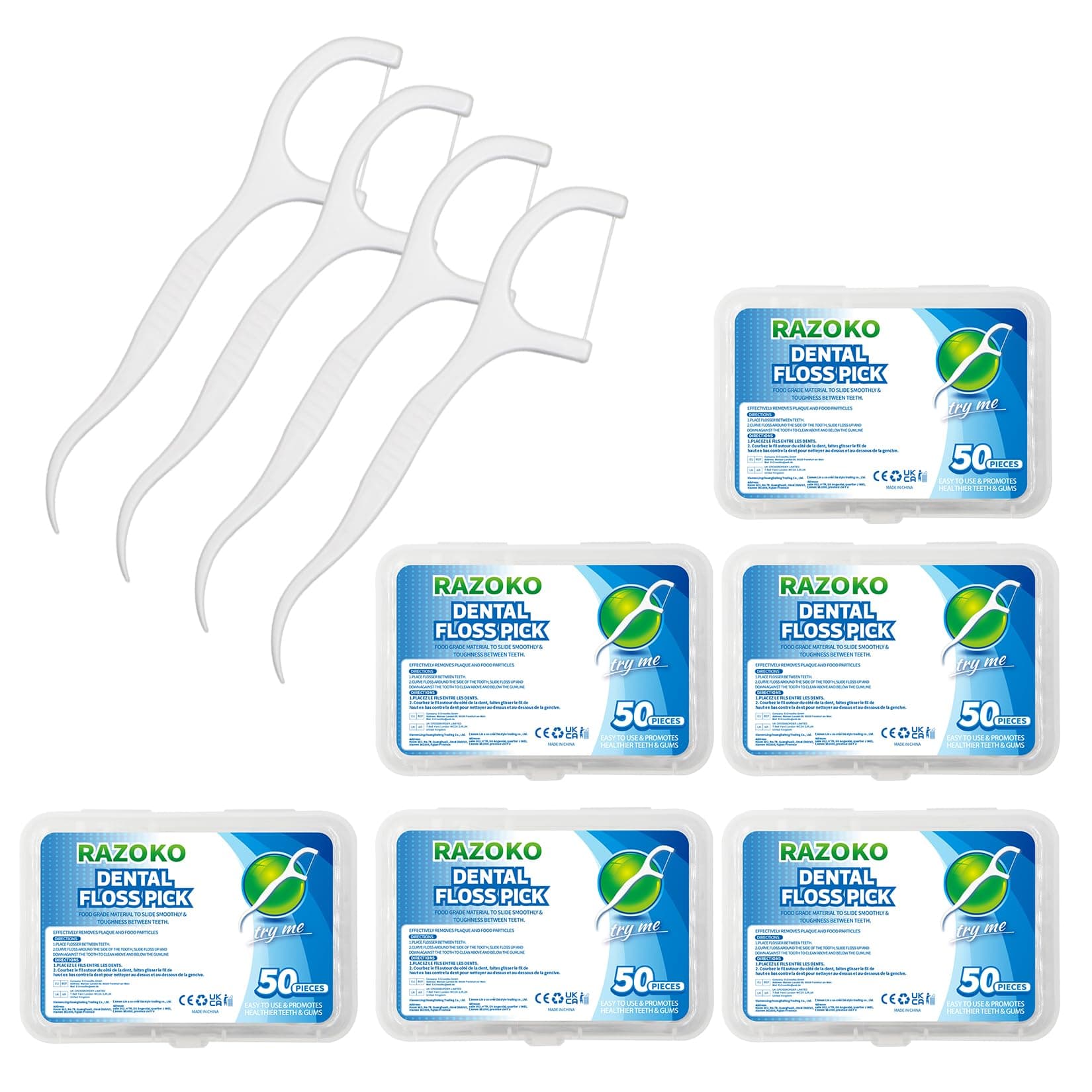 RAZOKO Dental Floss Picks High Toughness Professional Toothpicks Sticks 6-Pack(300pcs) with Portable Case and Dental Picks Perfect for Family,Hotel,Travel