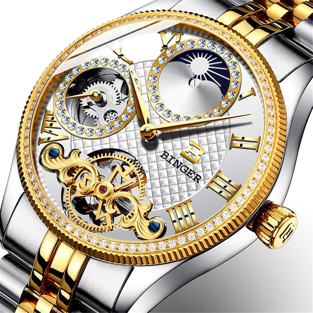 BINGER Switzerland Men Watches,Sapphire Japan Movement Automatic Tourbillon Mechanical Casual Wristwatch 1175 Moon Phase,I