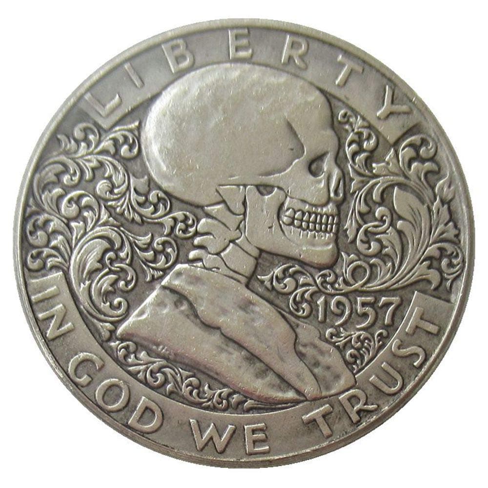 Hobo Copy Coins 1957 Franklin Silver Half Dollar skull zombie skeleton hand carved keychain pendant F03