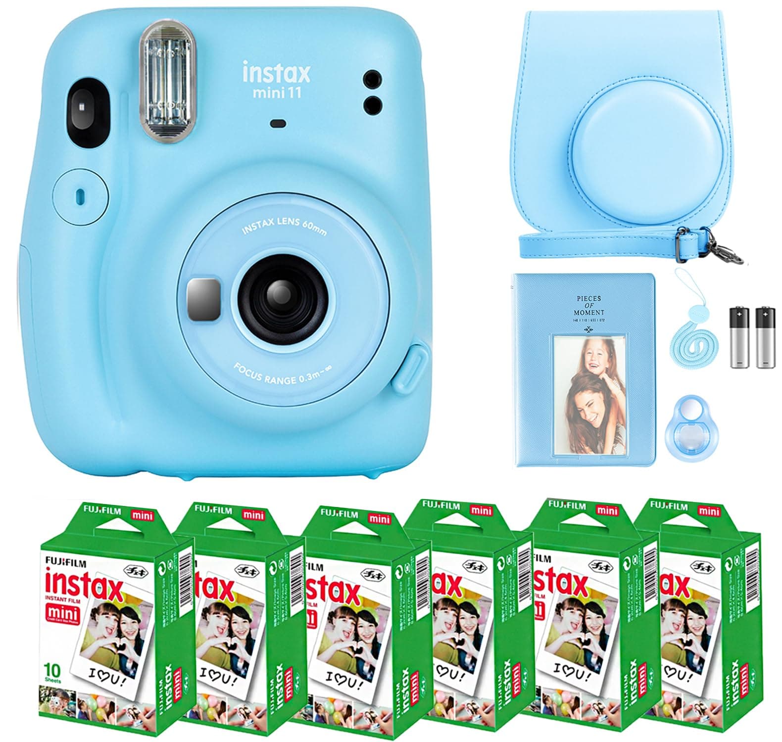 Instax Mini 11 Camera with Fujifilm Instant Mini Film (60 Sheets) Bundle with Deals Number One Accessories Including Carrying Case, Selfie Lens, Photo Album, Stickers (Sky Blue)