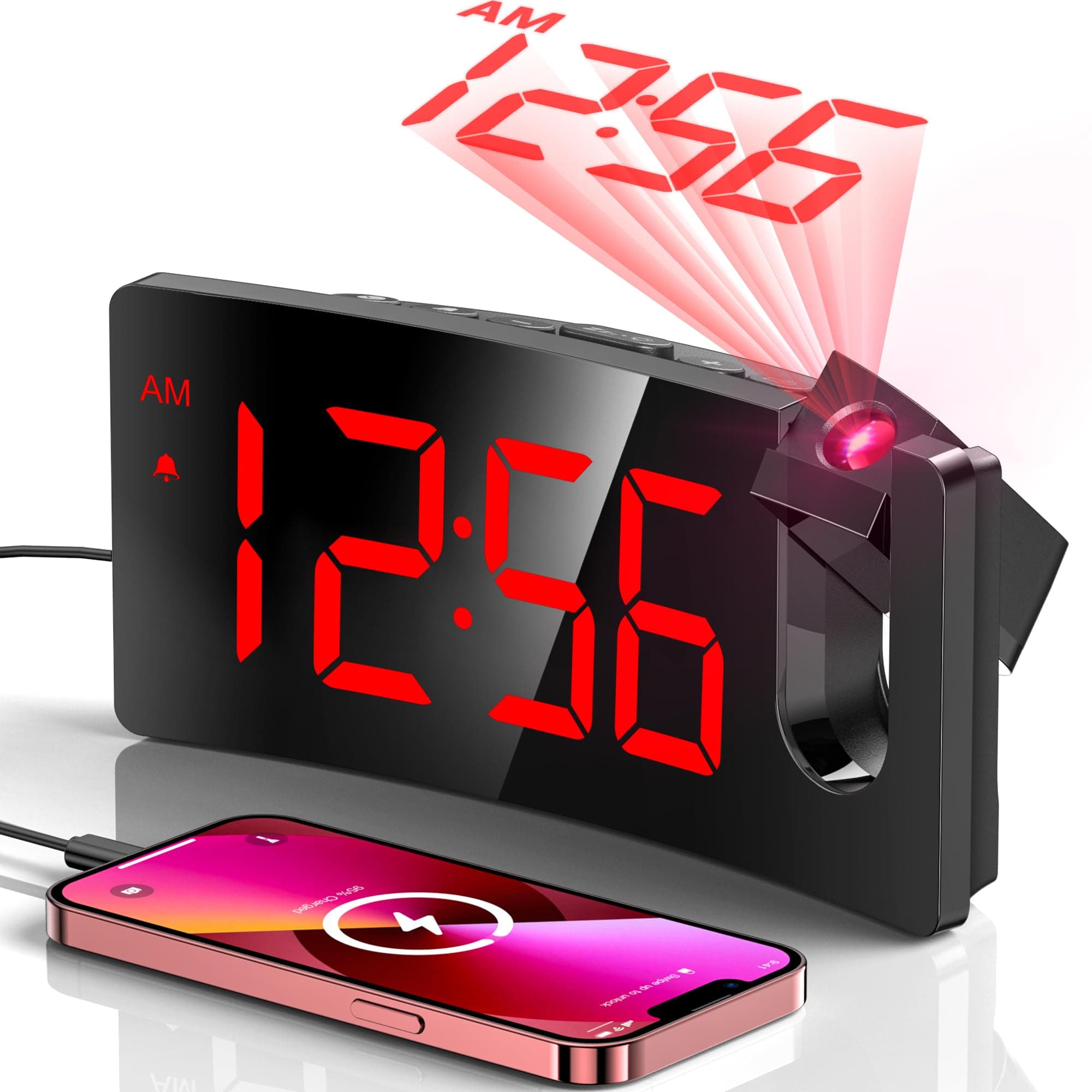 GOLOZA Projection Alarm Clock, Digital Clock with Modern Curved Design 180° Rotatable Projector, 3-Level Brightness Dimmer, Clear Red LED Display, Progressive Volume, 9mins Snooze,12/24H, for Bedroom