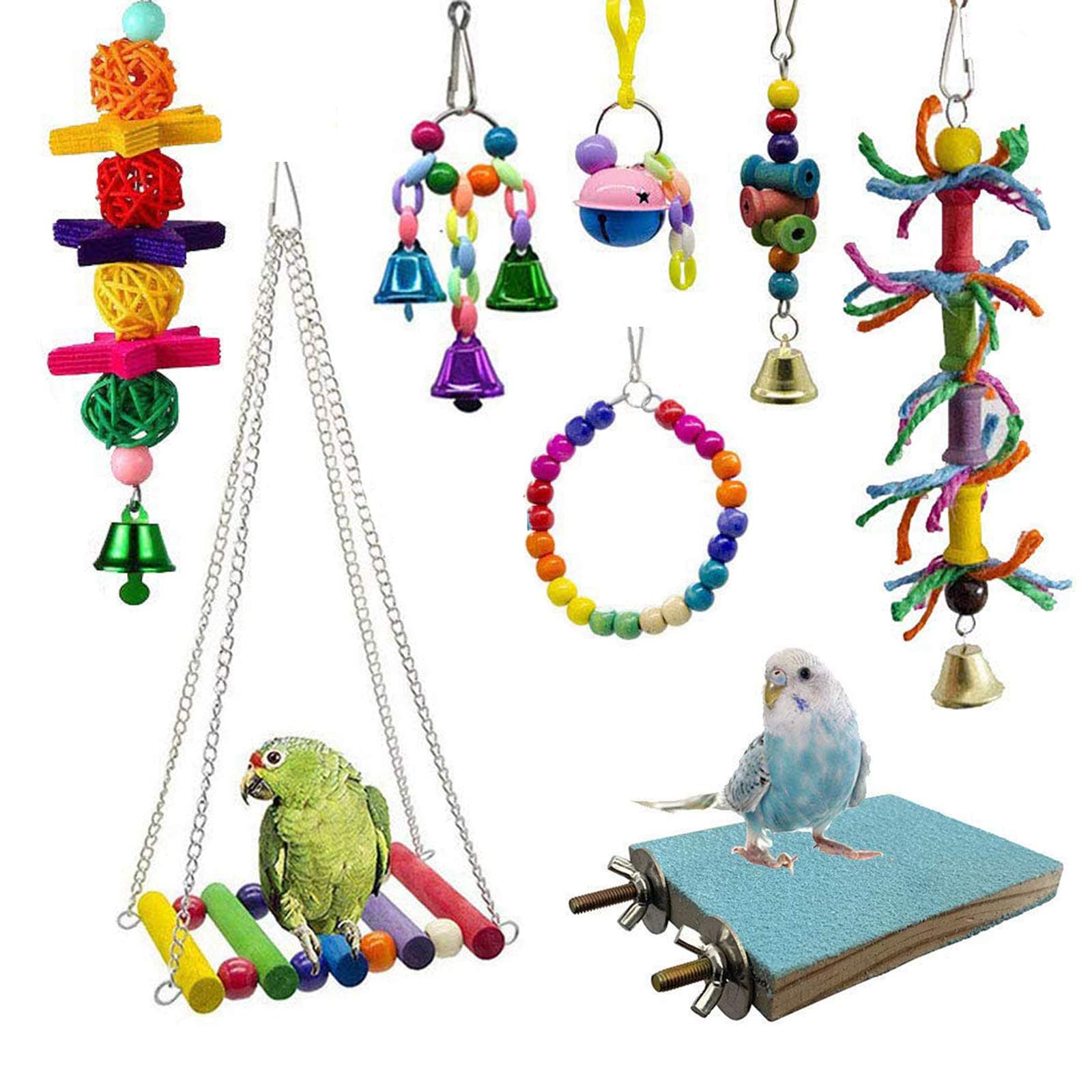 Bird Chewing Toys, 8Pieces Bird Parrot Toys Bird Hanging Bell Toy Hanging Colorful Swing Chewing Toy Bells, Ladder Swing for Small Parrots, Macaws, Parakeets, Conures, Cockatiels, Love Birds